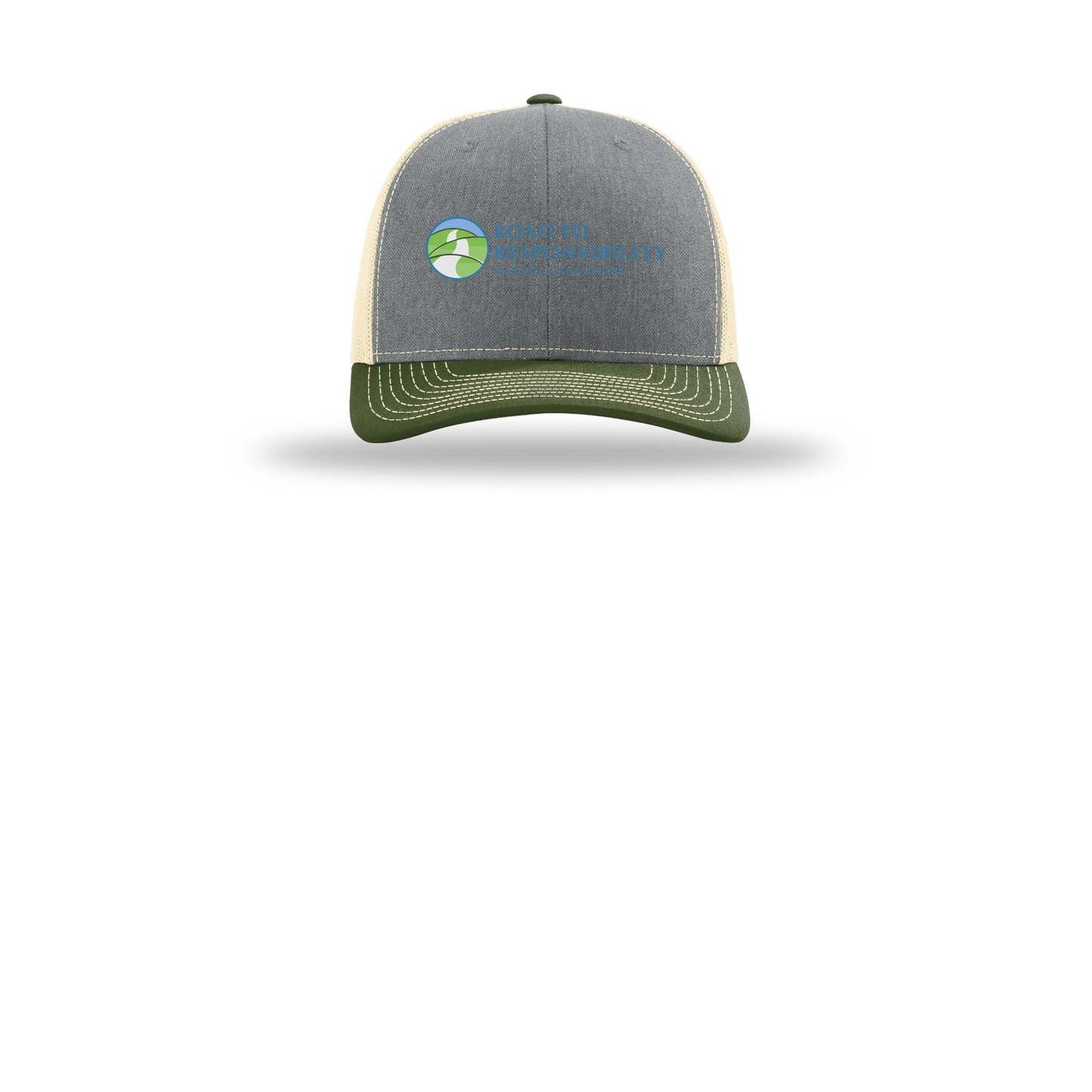 roadtoresponsibility-richardson-trucker-cap-embroidery-capfront-R112-heathergreybircharmyolive-flat-front
