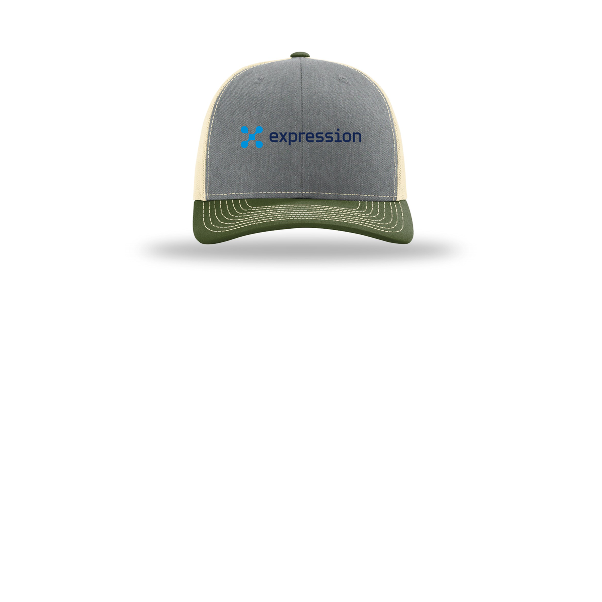 expr-richardson-trucker-cap-embroidery-capfront-R112-heathergreybircharmyolive-flat-front