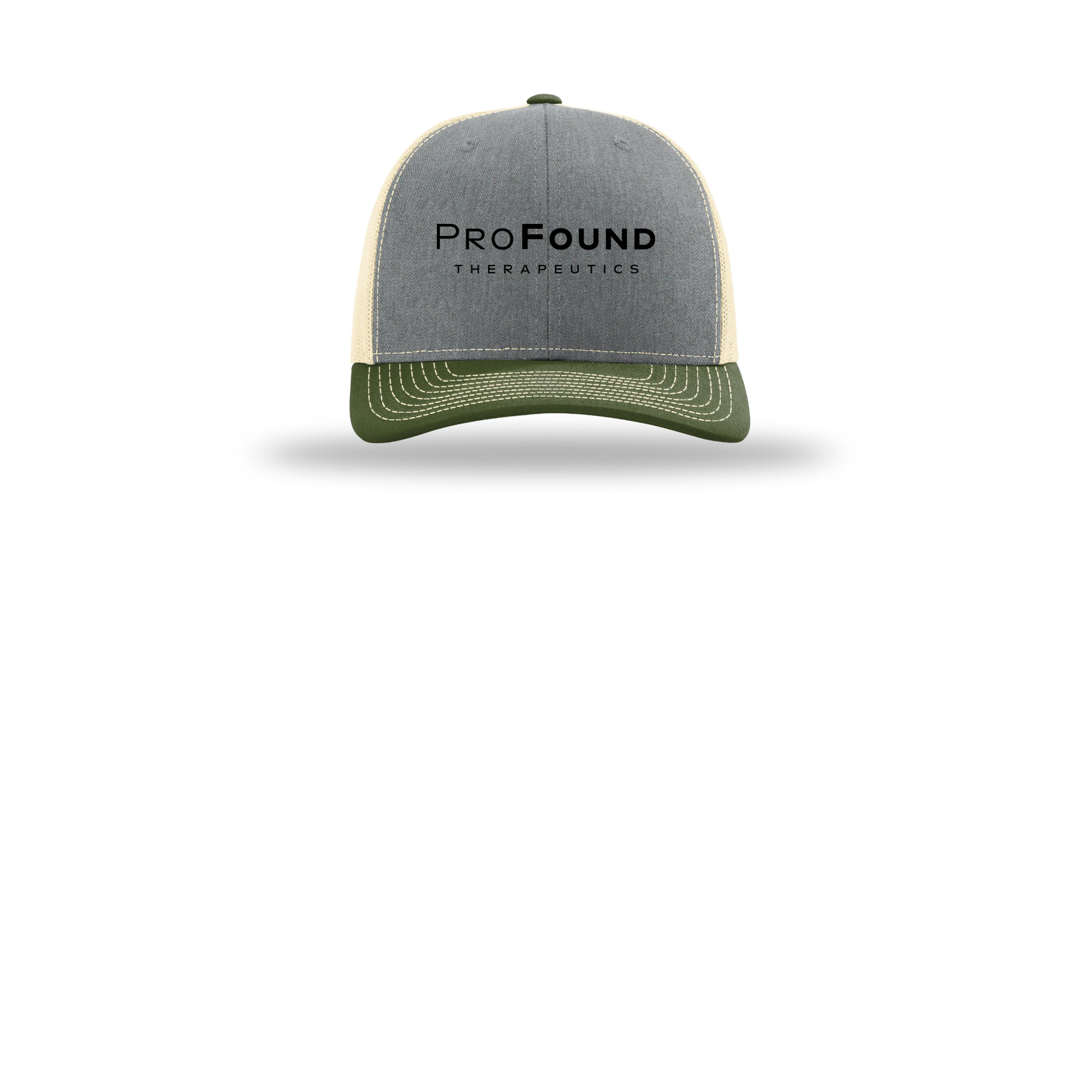 profoundtx-richardson-trucker-cap-embroidery-capfront-R112-heathergreybircharmyolive-flat-front