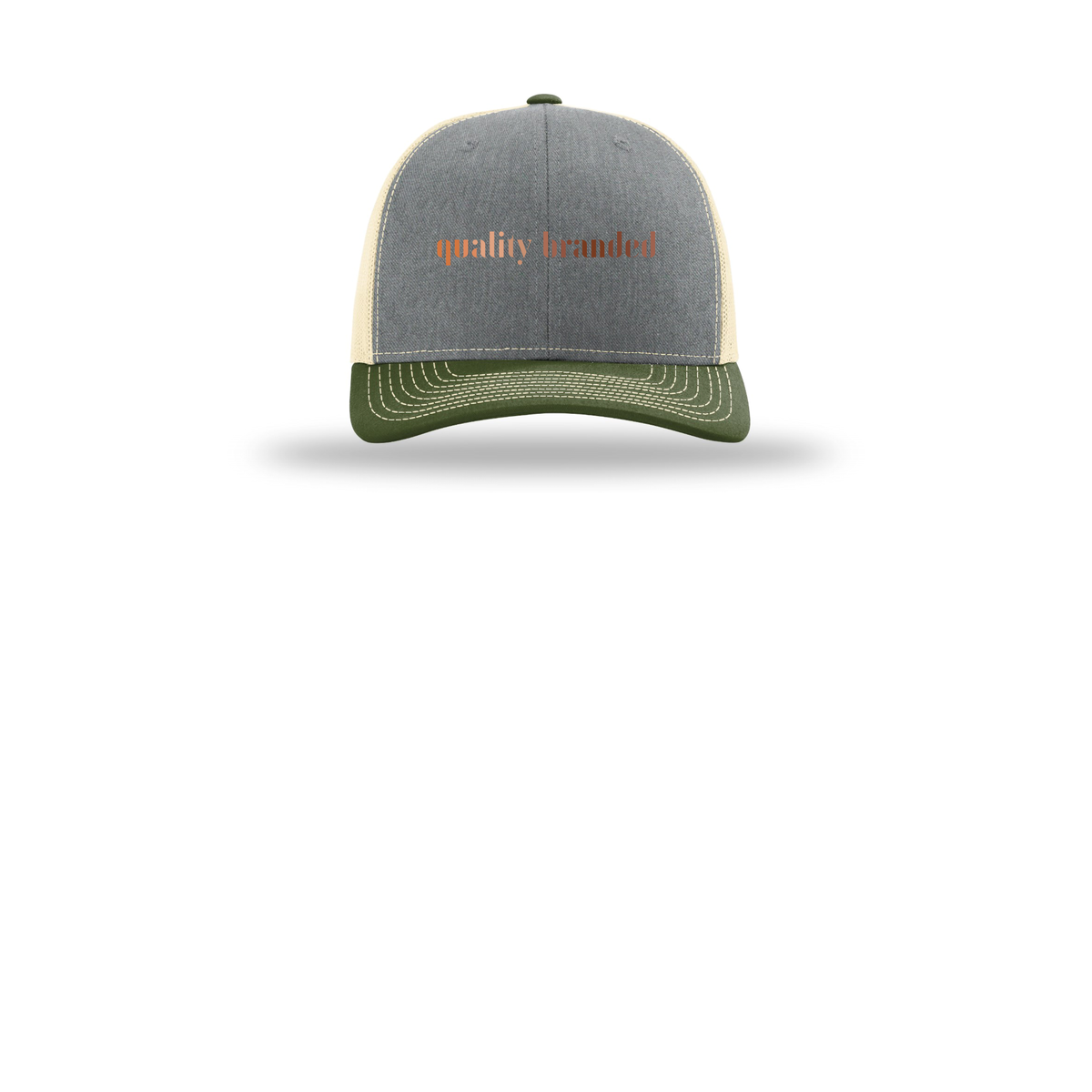 qualitybranded-richardson-trucker-cap-embroidery-capfront-R112-heathergreybircharmyolive-flat-front