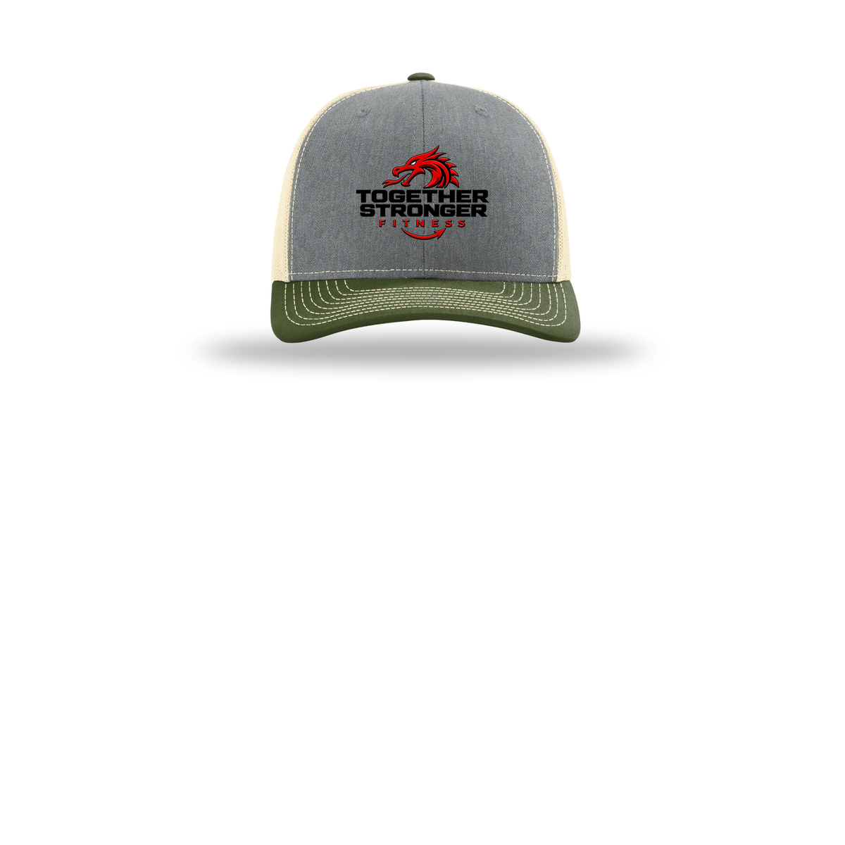 togetherstrongerfitness-richardson-trucker-cap-embroidery-capfront-R112-heathergreybircharmyolive-flat-front