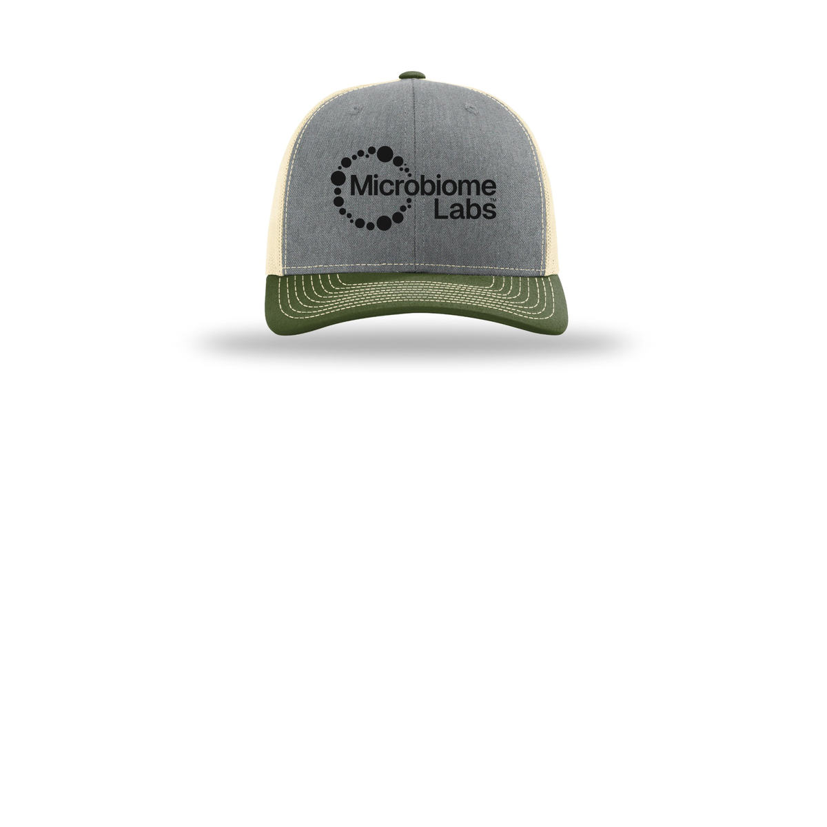 microbiomelabs-richardson-trucker-cap-embroidery-capfront-R112-heathergreybircharmyolive-flat-front