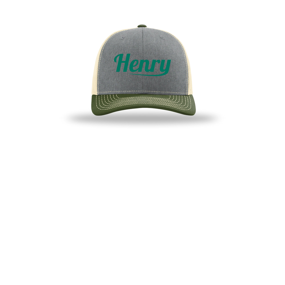 henrymeds-richardson-trucker-cap-embroidery-capfront-R112-heathergreybircharmyolive-flat-front