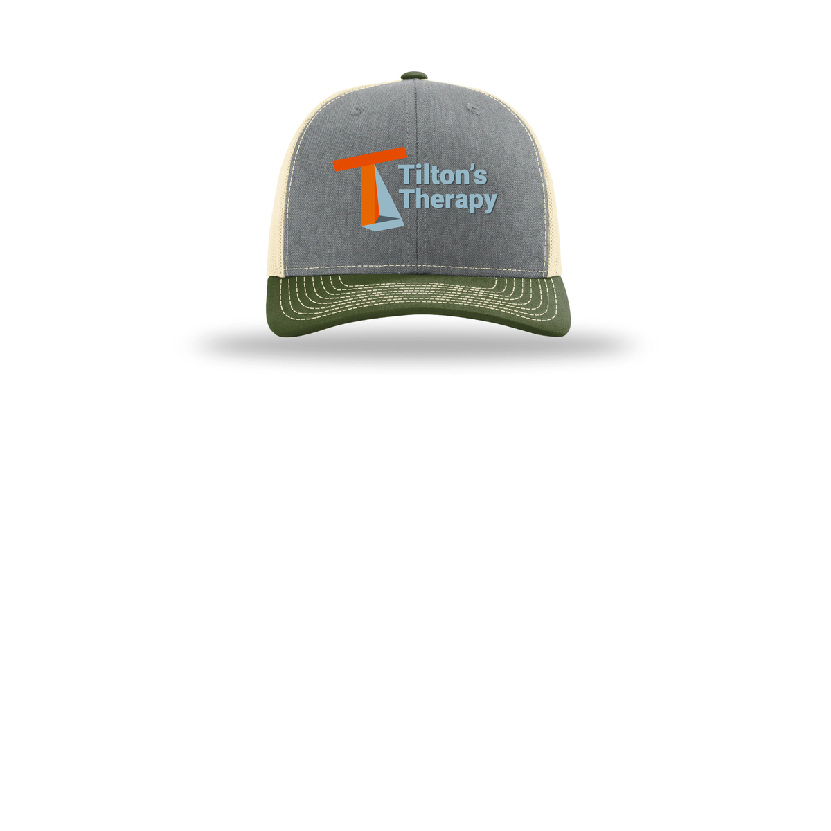 tiltonstherapy-richardson-trucker-cap-embroidery-capfront-R112-heathergreybircharmyolive-flat-front