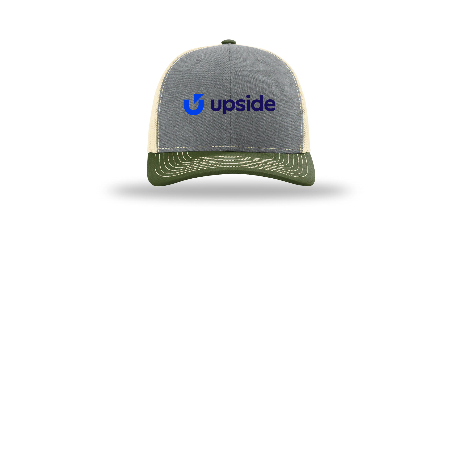 upside-richardson-trucker-cap-embroidery-capfront-R112-heathergreybircharmyolive-flat-front