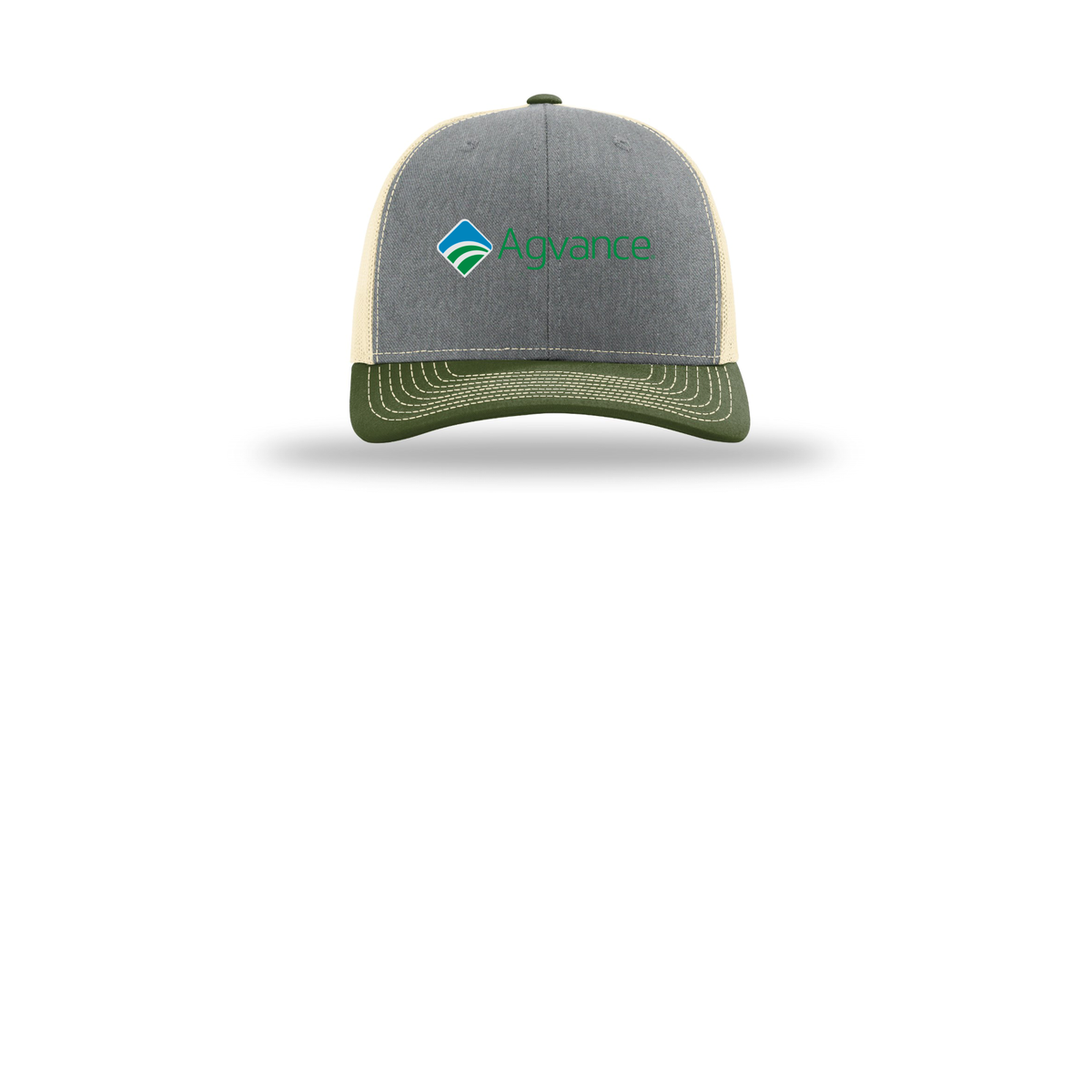 agvance-richardson-trucker-cap-embroidery-capfront-R112-heathergreybircharmyolive-flat-front