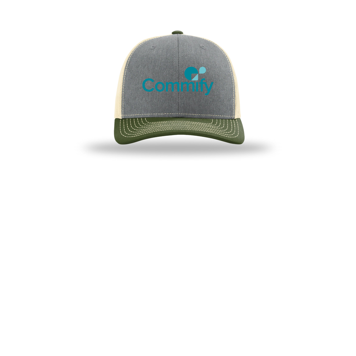 commify-richardson-trucker-cap-embroidery-capfront-R112-heathergreybircharmyolive-flat-front
