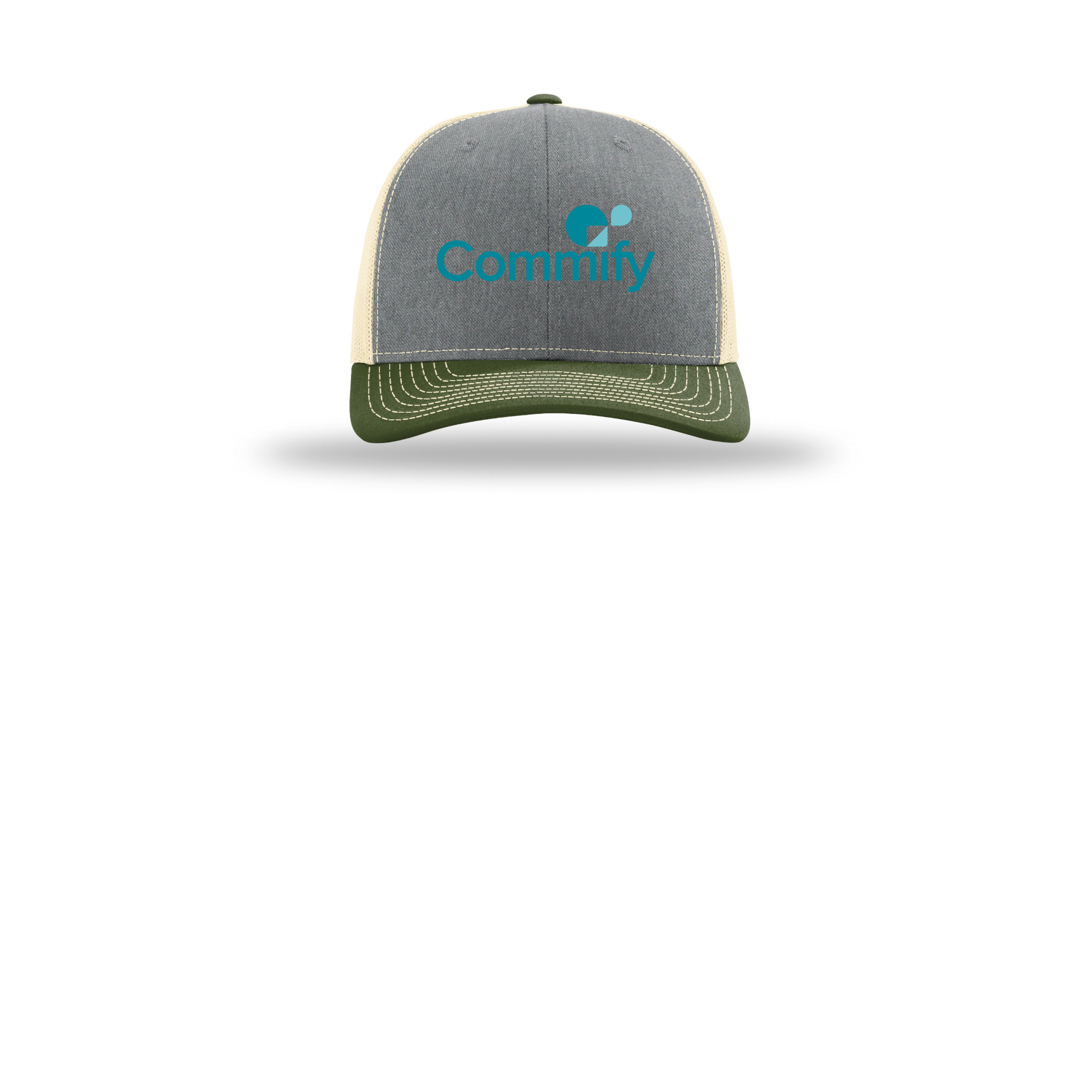 commify-richardson-trucker-cap-embroidery-capfront-R112-heathergreybircharmyolive-flat-front