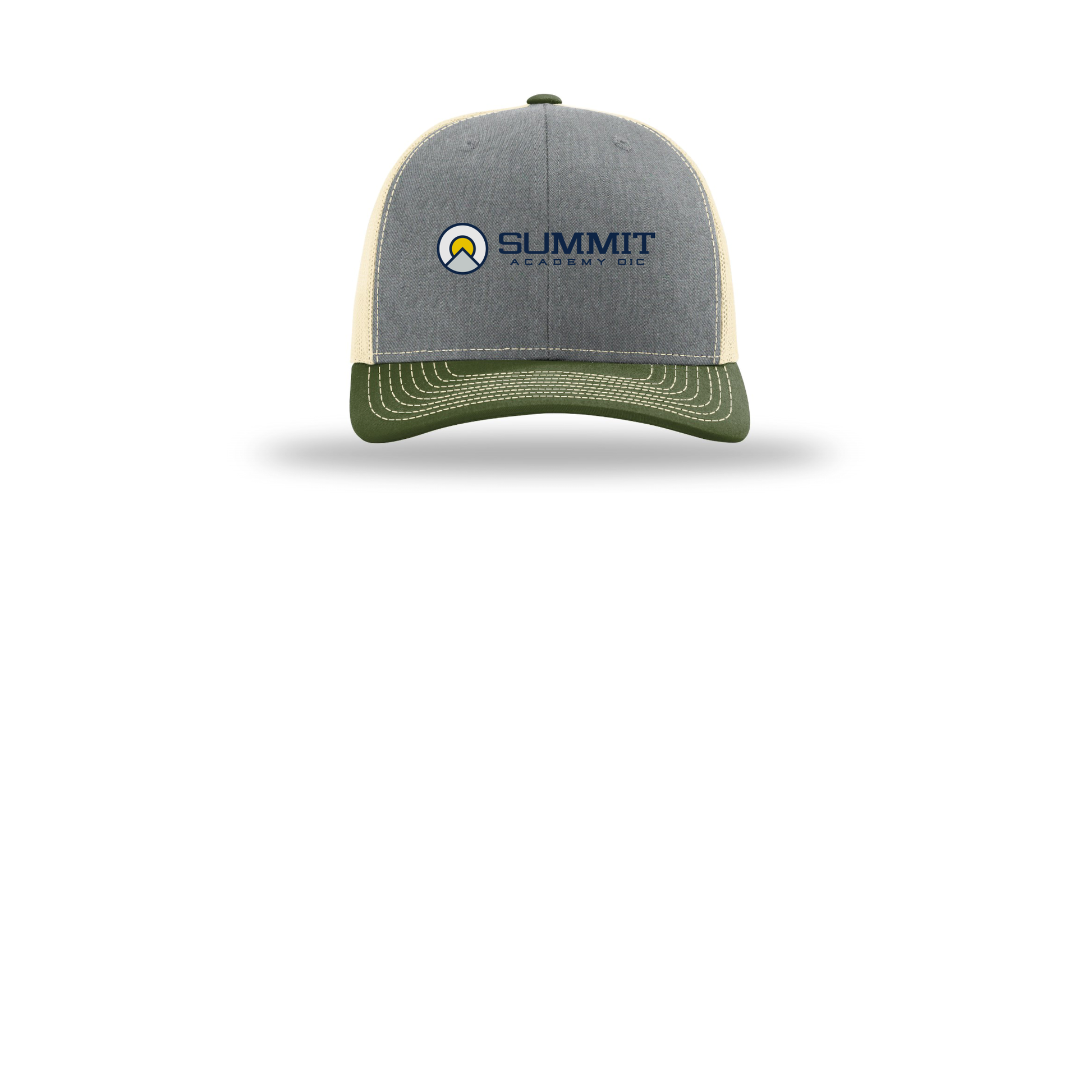saoic-richardson-trucker-cap-embroidery-capfront-R112-heathergreybircharmyolive-flat-front
