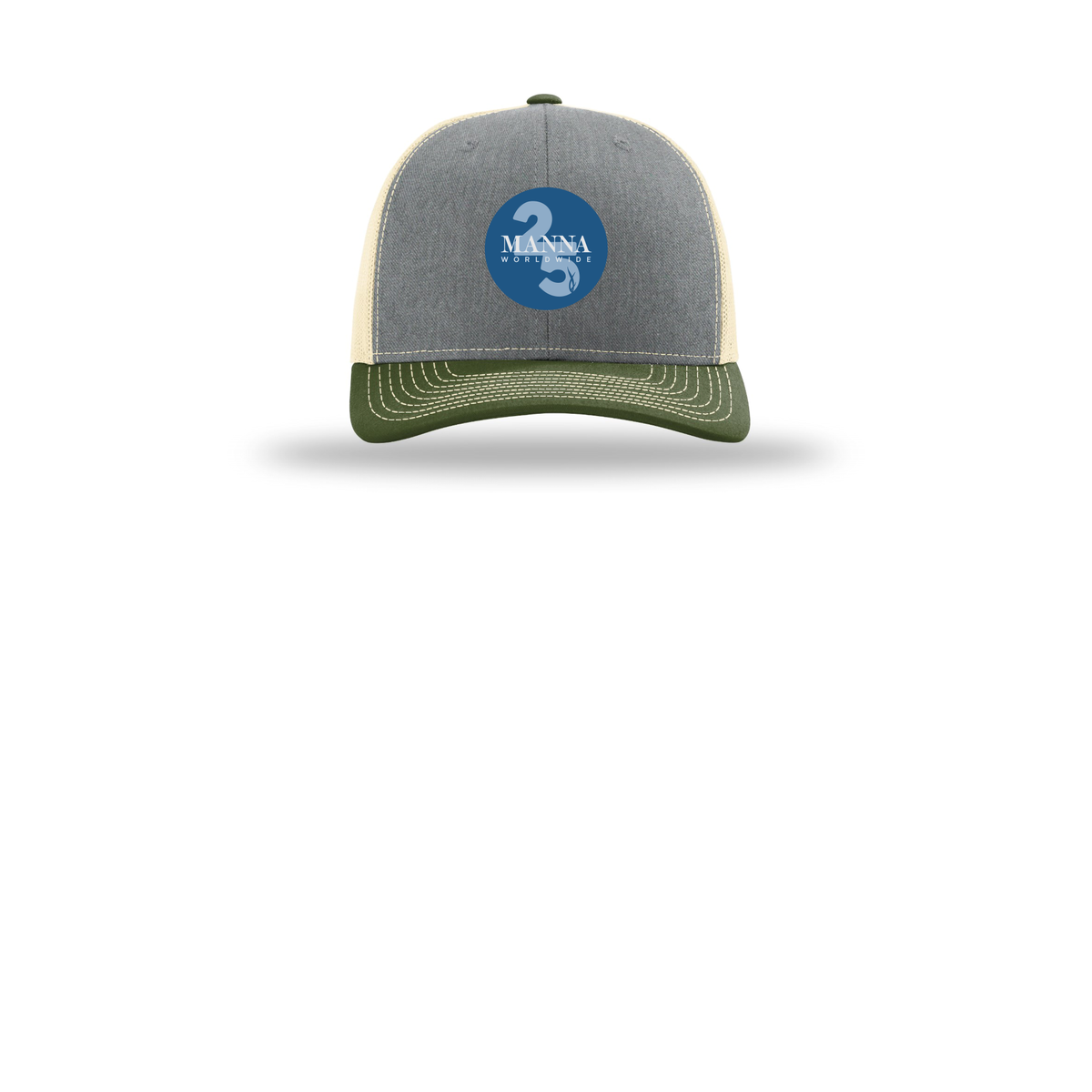 mannaworldwide-richardson-trucker-cap-embroidery-capfront-R112-heathergreybircharmyolive-flat-front