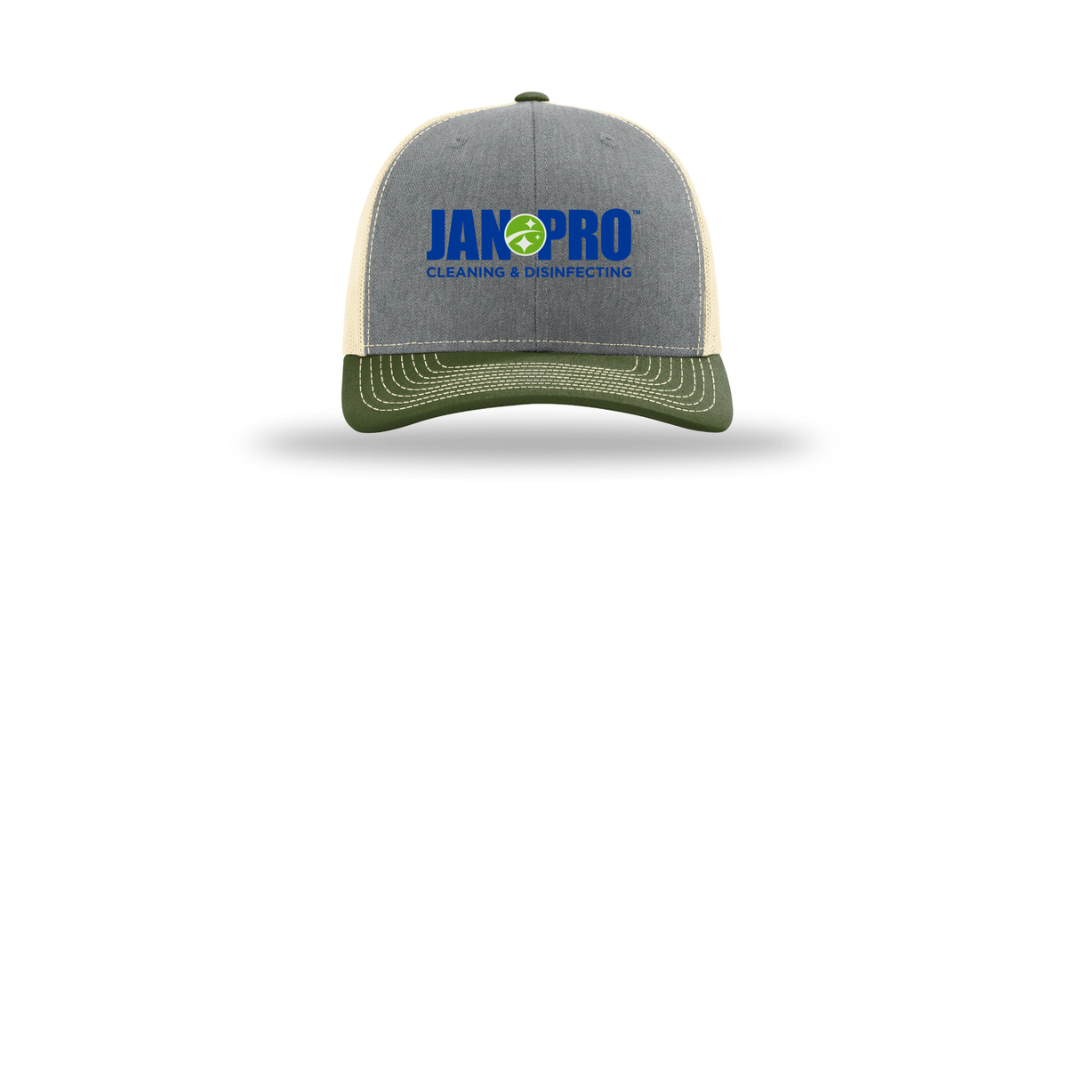 jan-pro-richardson-trucker-cap-embroidery-capfront-R112-heathergreybircharmyolive-flat-front