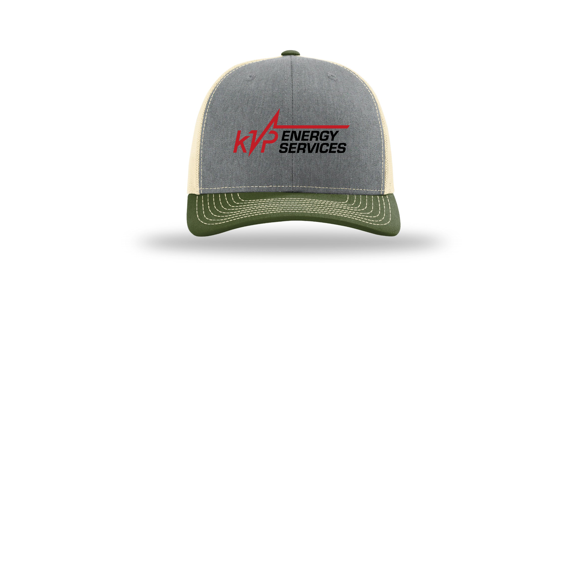 kvpenergy-richardson-trucker-cap-embroidery-capfront-R112-heathergreybircharmyolive-flat-front