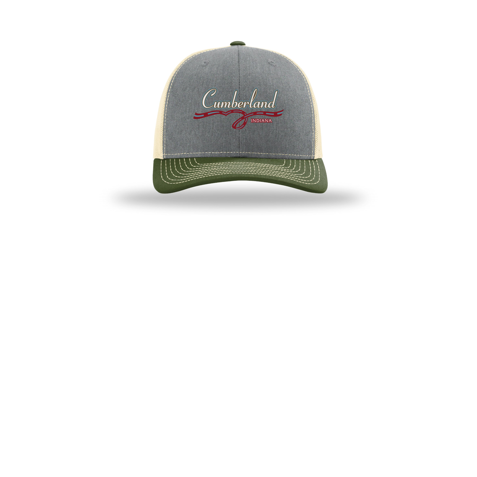 cumberland-richardson-trucker-cap-embroidery-capfront-R112-heathergreybircharmyolive-flat-front