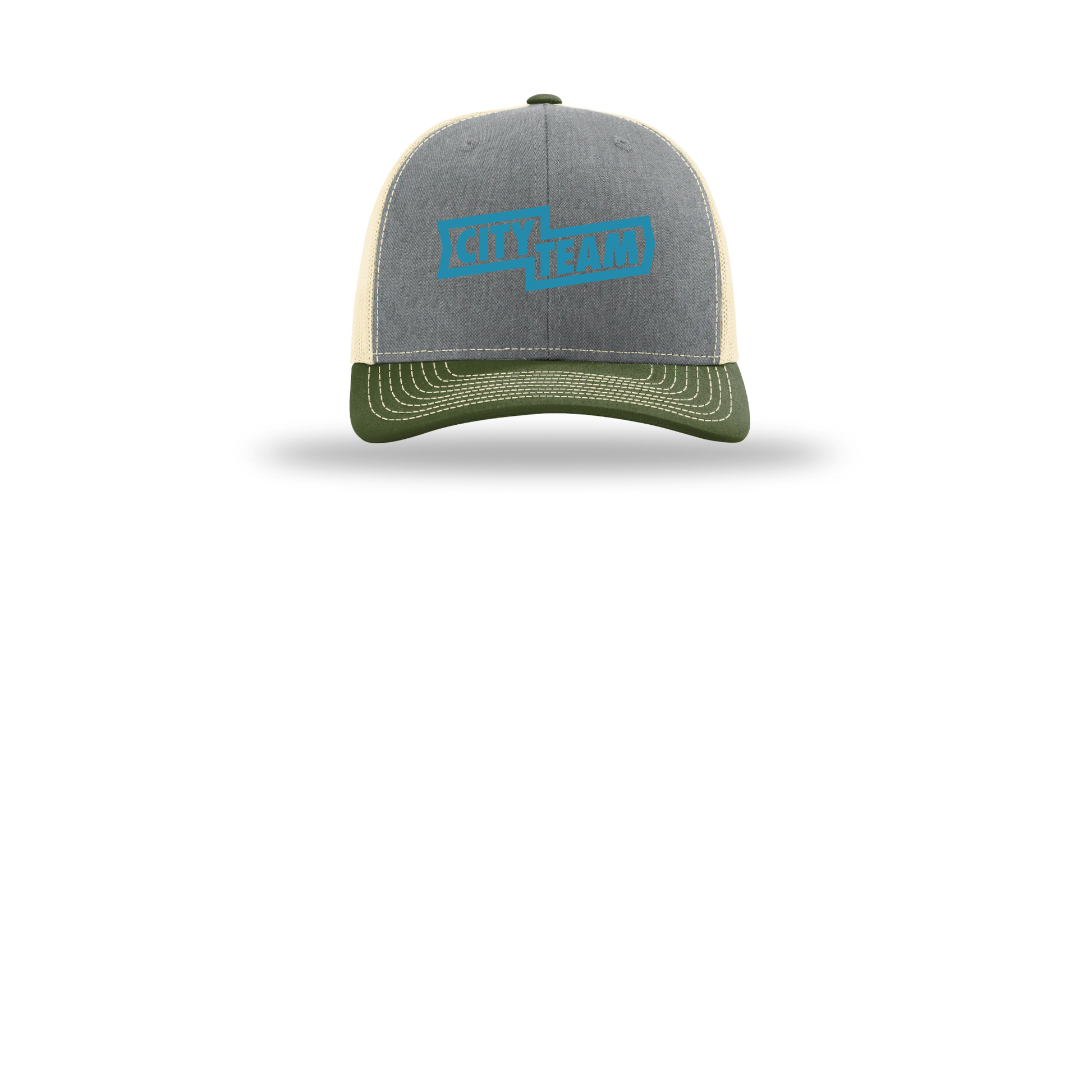 cityteam-richardson-trucker-cap-embroidery-capfront-R112-heathergreybircharmyolive-flat-front