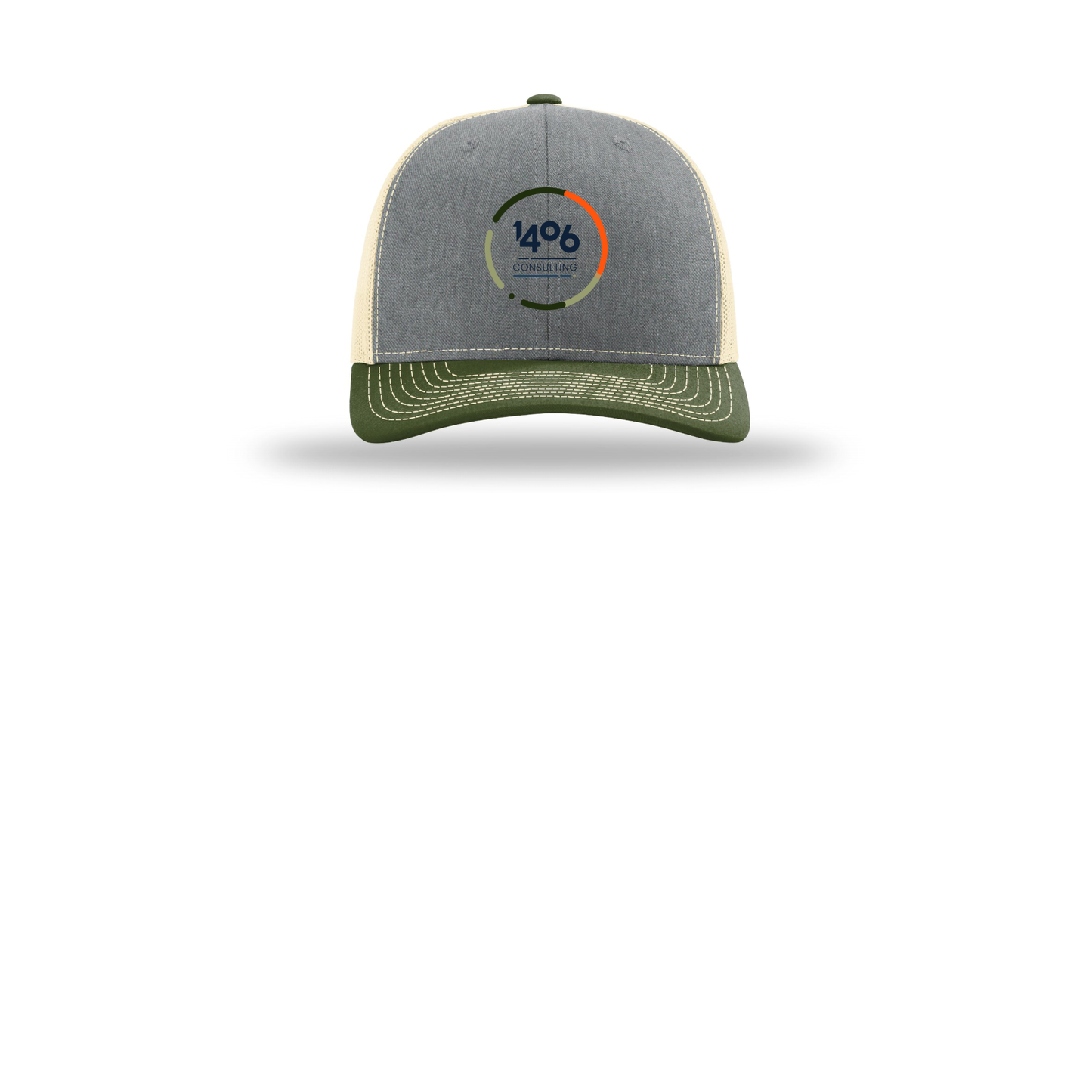 1406consulting-richardson-trucker-cap-embroidery-capfront-R112-heathergreybircharmyolive-flat-front