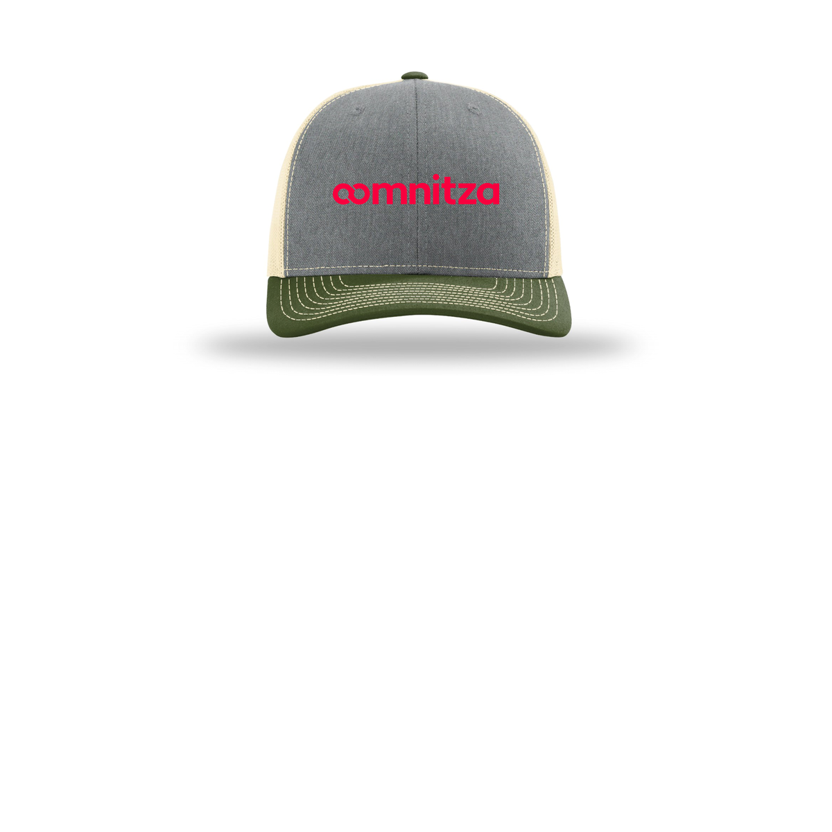 oomnitza-richardson-trucker-cap-embroidery-capfront-R112-heathergreybircharmyolive-flat-front