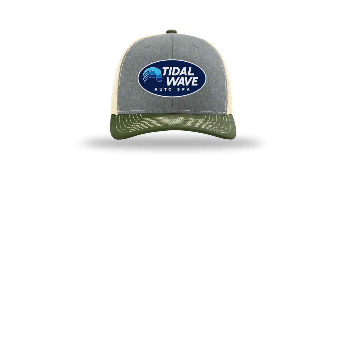 tidalwaveautospa-richardson-trucker-cap-embroidery-capfront-R112-heathergreybircharmyolive-flat-front