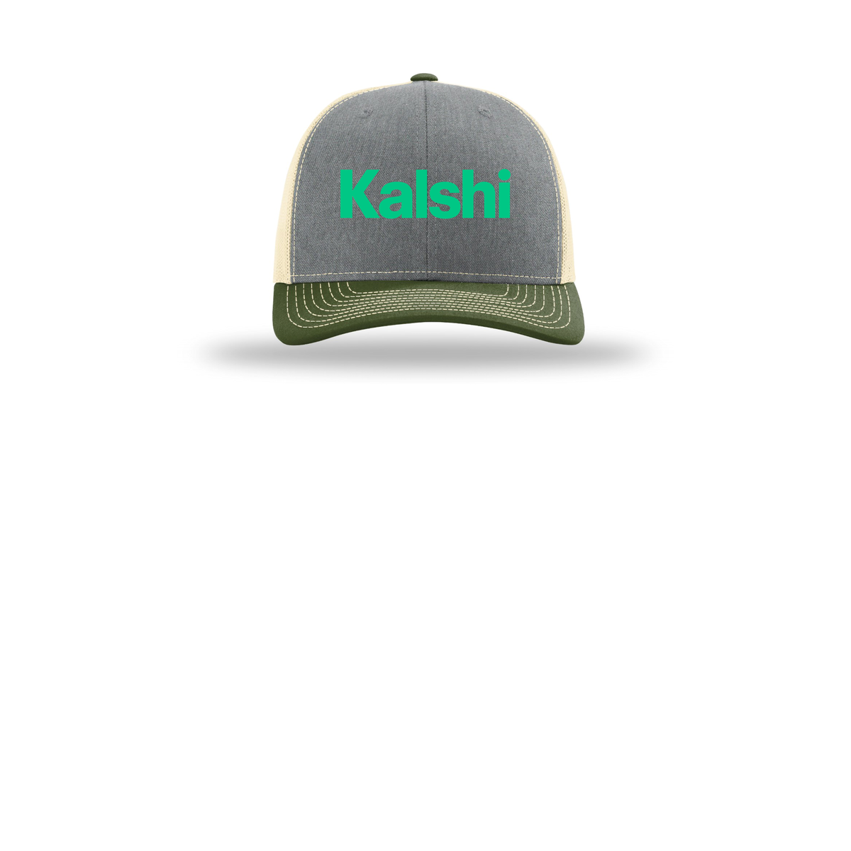 kalshi-richardson-trucker-cap-embroidery-capfront-R112-heathergreybircharmyolive-flat-front