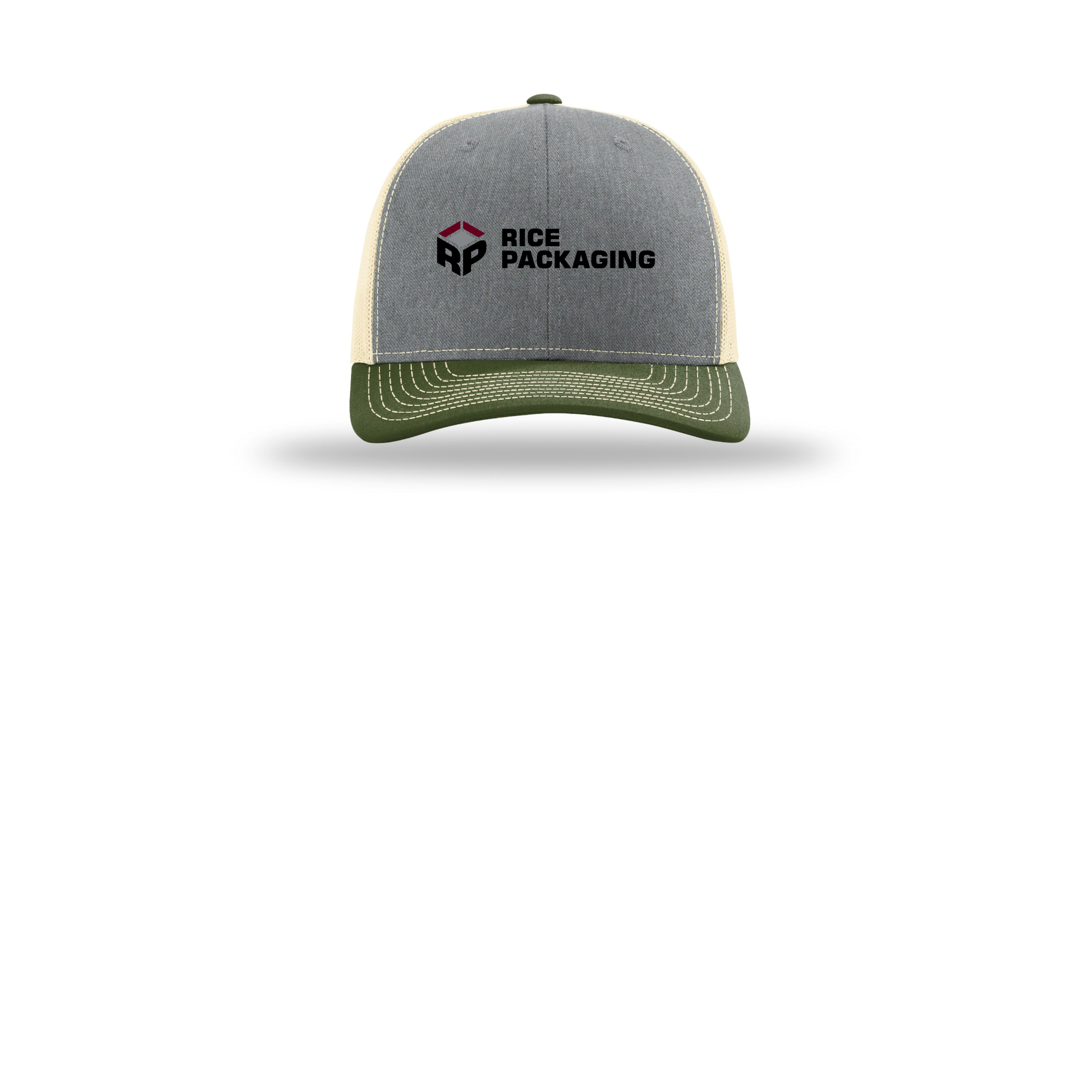 ricepackaging-richardson-trucker-cap-embroidery-capfront-R112-heathergreybircharmyolive-flat-front