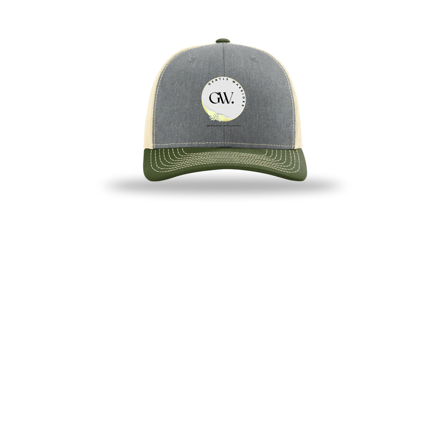 gentle-warriors-richardson-trucker-cap-embroidery-capfront-R112-heathergreybircharmyolive-flat-front