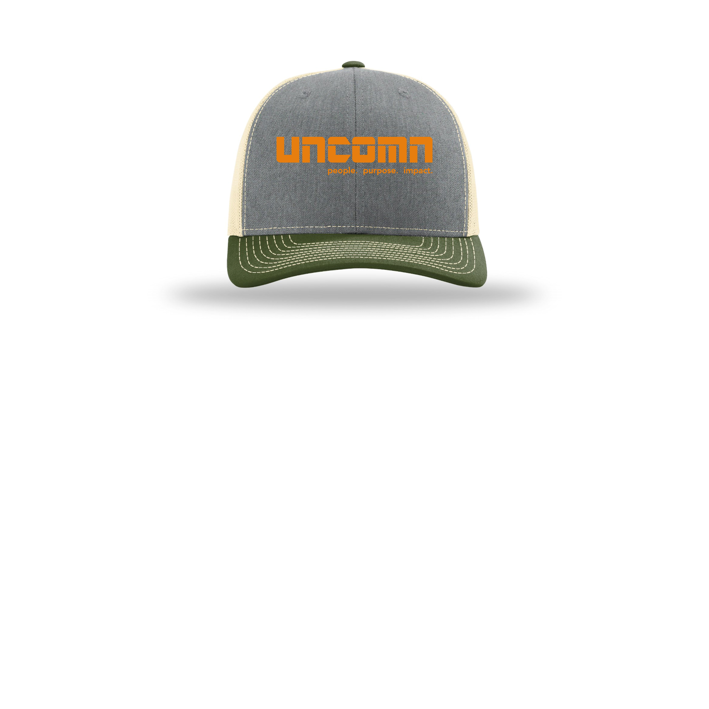 uncomn-richardson-trucker-cap-embroidery-capfront-R112-heathergreybircharmyolive-flat-front