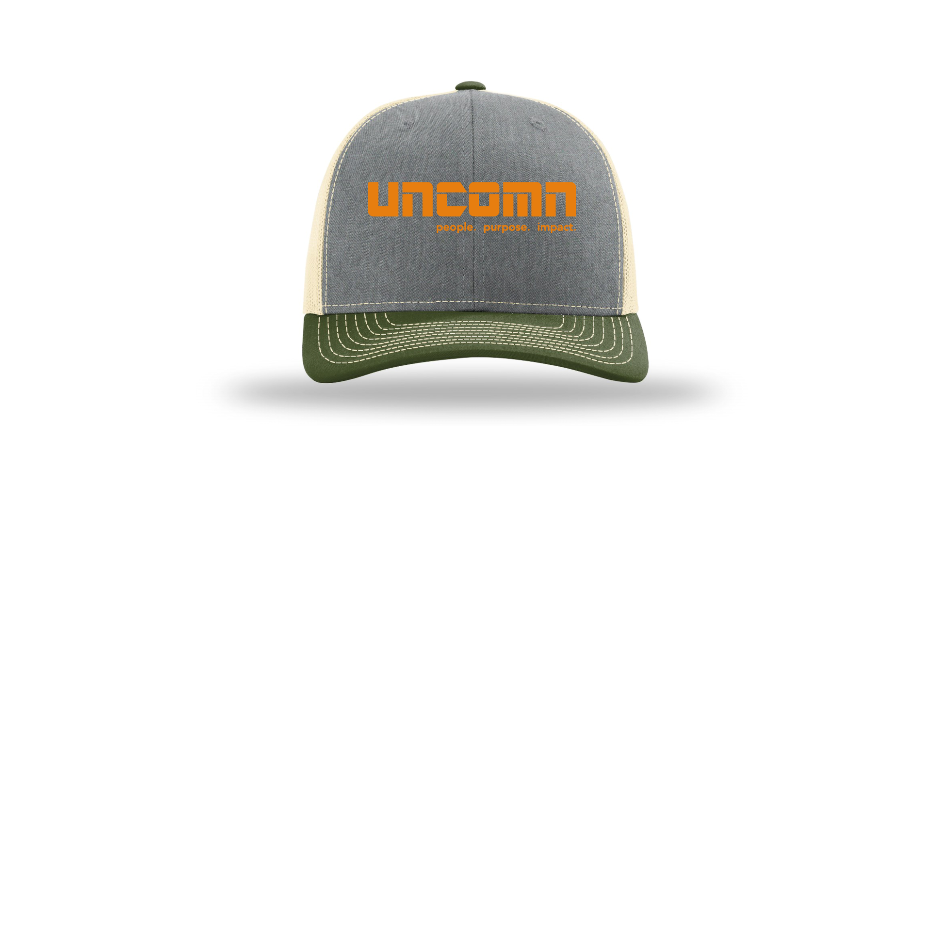 uncomn-richardson-trucker-cap-embroidery-capfront-R112-heathergreybircharmyolive-flat-front