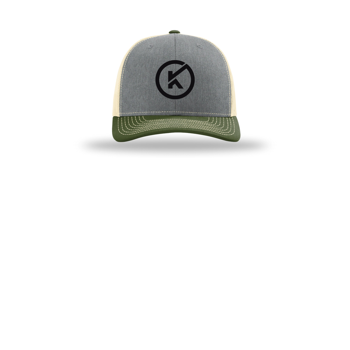 kitmanlabs-richardson-trucker-cap-embroidery-capfront-R112-heathergreybircharmyolive-flat-front