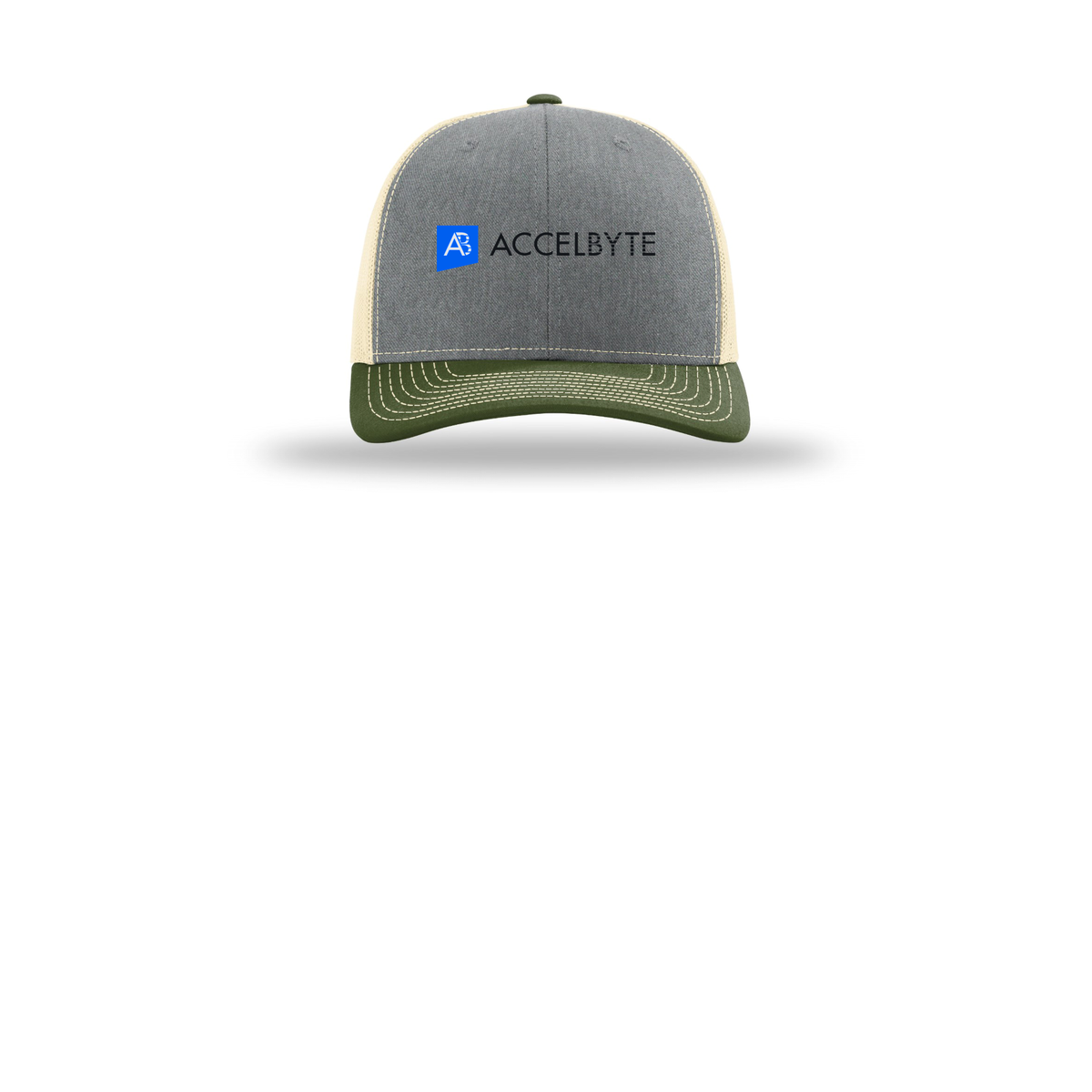 accelbyte-richardson-trucker-cap-embroidery-capfront-R112-heathergreybircharmyolive-flat-front