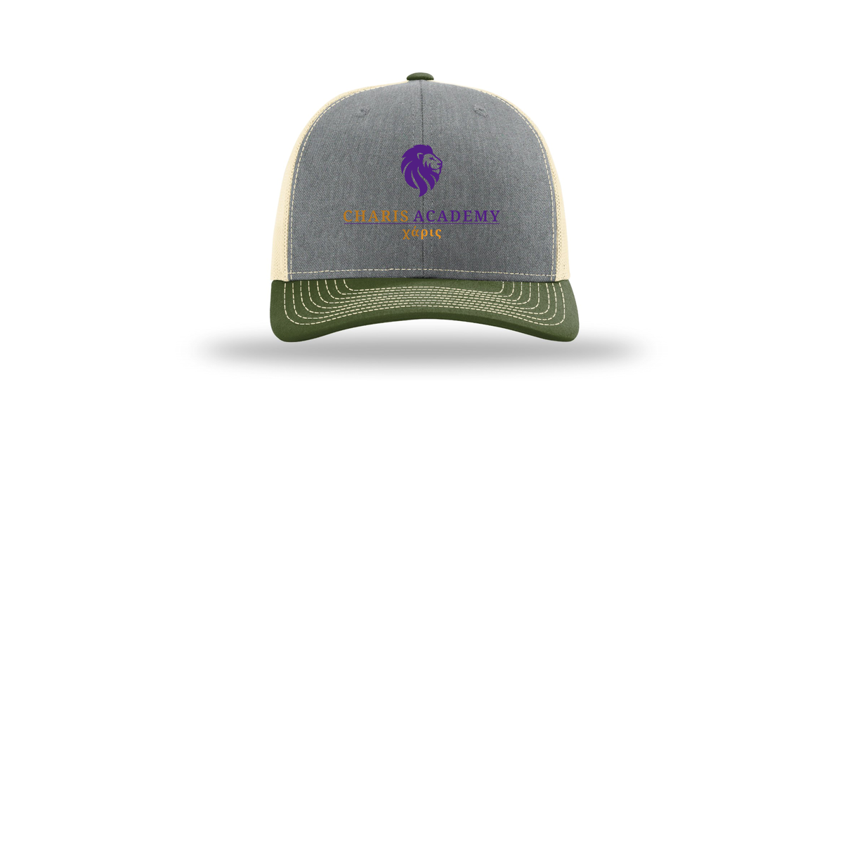 cahazleton-richardson-trucker-cap-embroidery-capfront-R112-heathergreybircharmyolive-flat-front