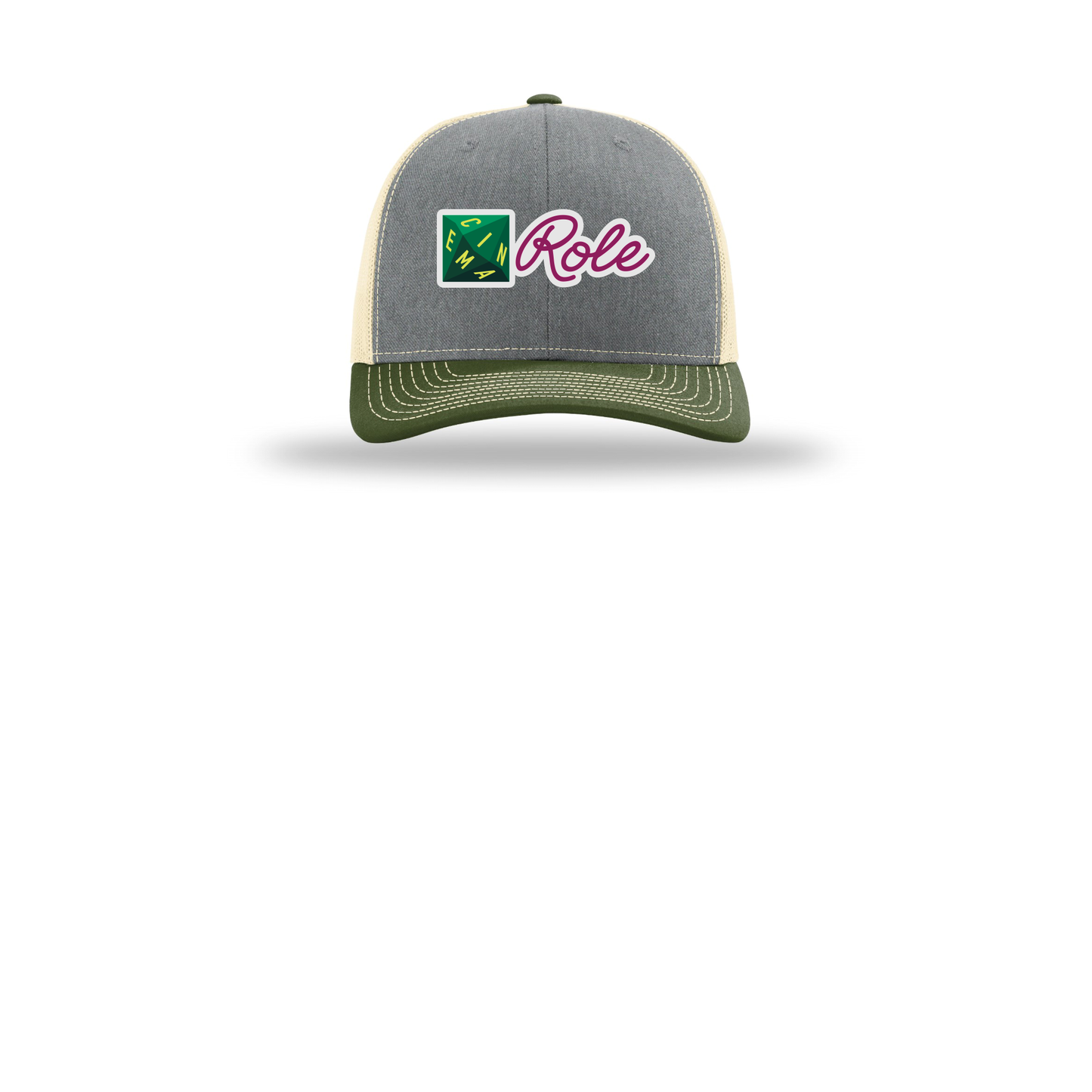 cinemarole-richardson-trucker-cap-embroidery-capfront-R112-heathergreybircharmyolive-flat-front