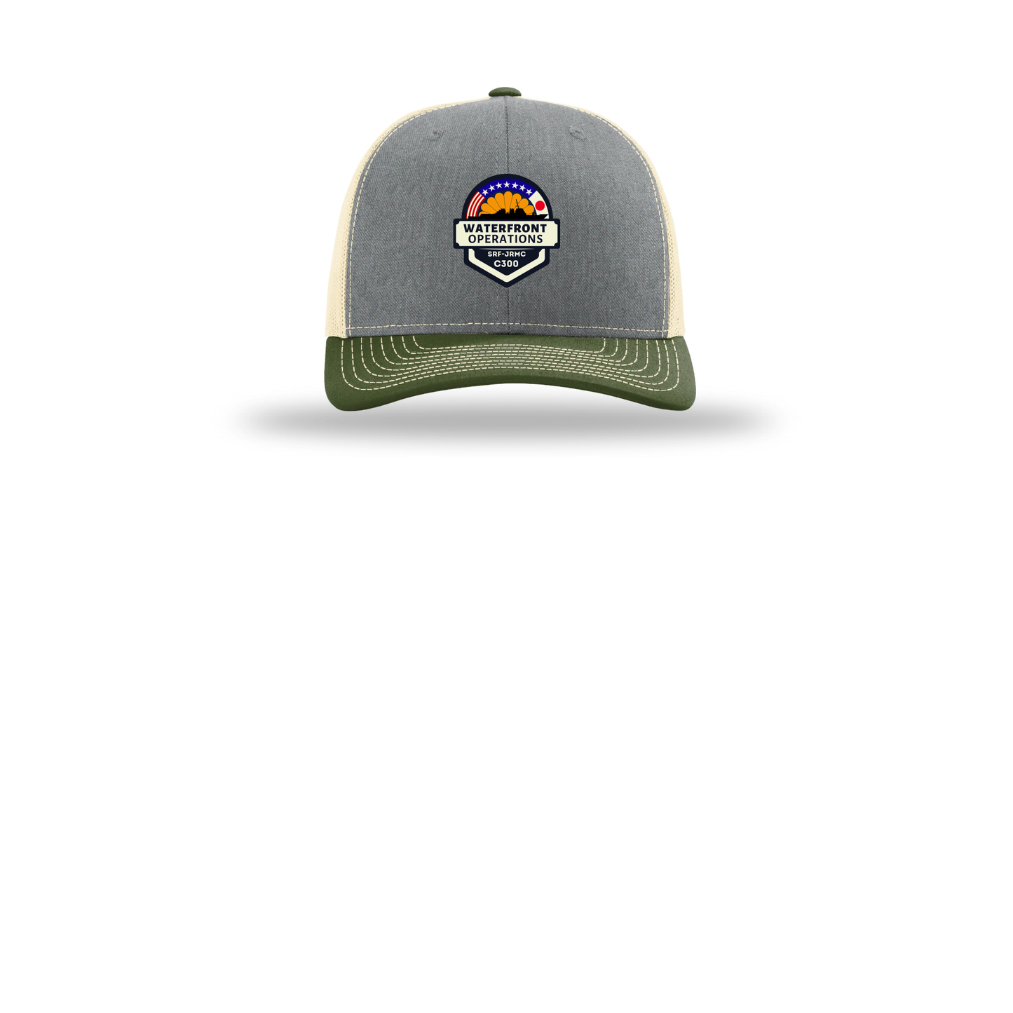 waterfront-operations-retro-trucker-cap-embroidery-capfront-R112-heathergreybircharmyolive-flat-front