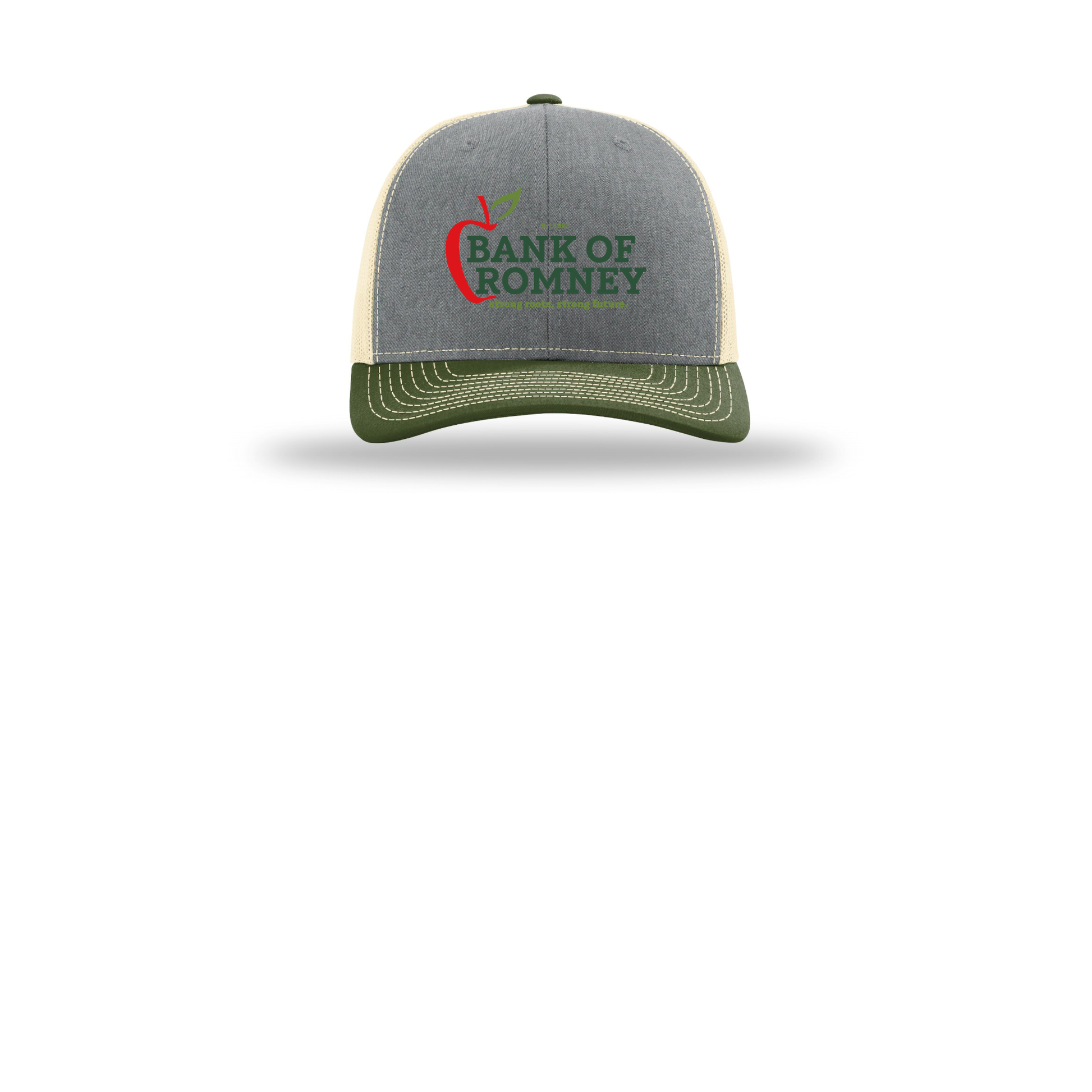 bankofromney-richardson-trucker-cap-embroidery-capfront-R112-heathergreybircharmyolive-flat-front