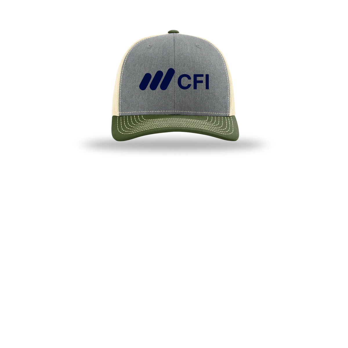 corporatefinanceinstitute-richardson-trucker-cap-embroidery-capfront-R112-heathergreybircharmyolive-flat-front