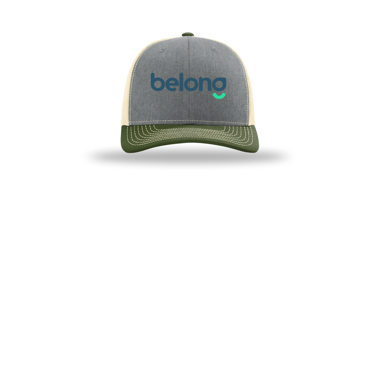 belonghome-richardson-trucker-cap-embroidery-capfront-R112-heathergreybircharmyolive-flat-front