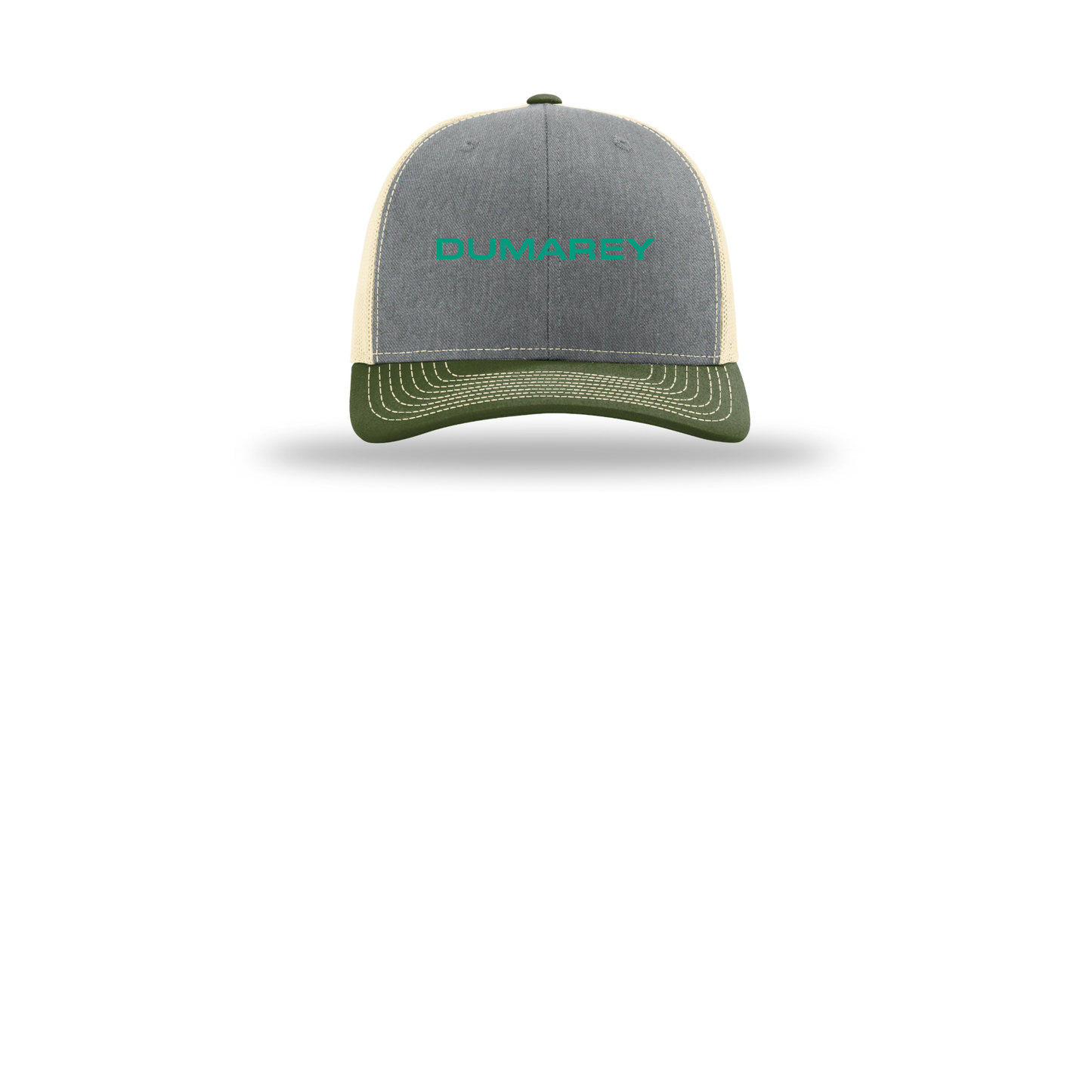 dumarey-richardson-trucker-cap-embroidery-capfront-R112-heathergreybircharmyolive-flat-front