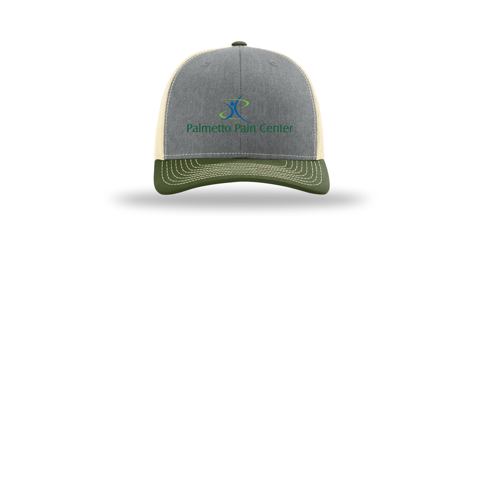 palmetto-pain-center-richardson-trucker-cap-embroidery-capfront-R112-heathergreybircharmyolive-flat-front