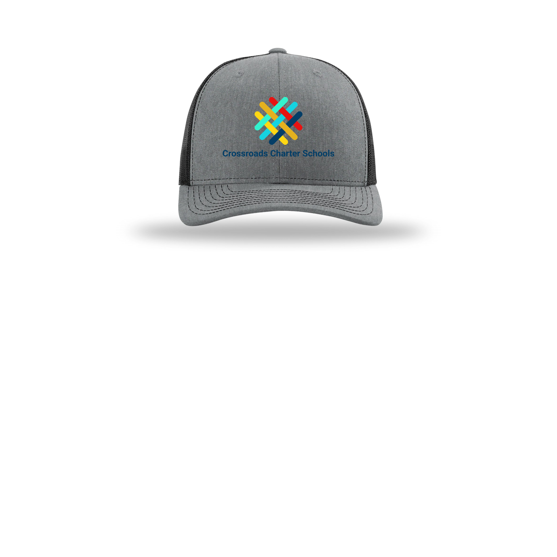 crossroadsschoolskc-richardson-trucker-cap-embroidery-capfront-R112-heathergreyblack-flat-front