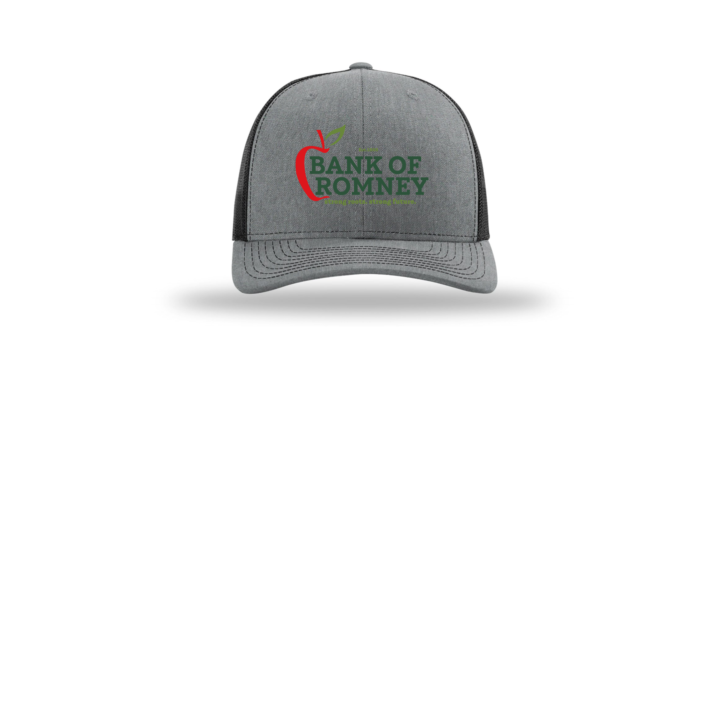 bankofromney-richardson-trucker-cap-embroidery-capfront-R112-heathergreyblack-flat-front
