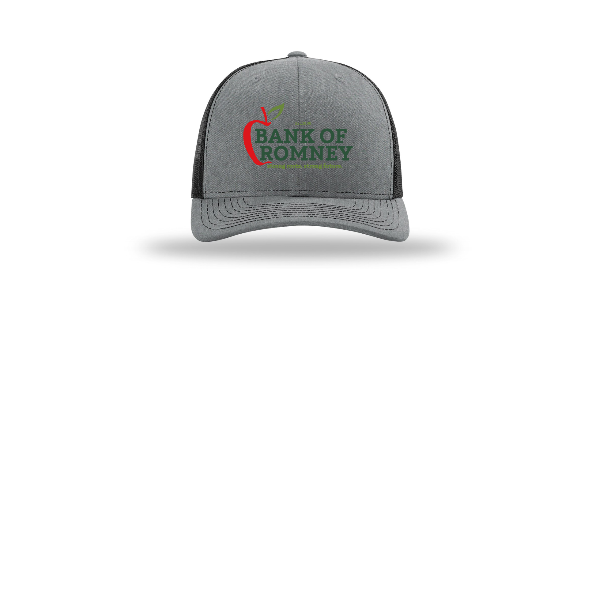 bankofromney-richardson-trucker-cap-embroidery-capfront-R112-heathergreyblack-flat-front