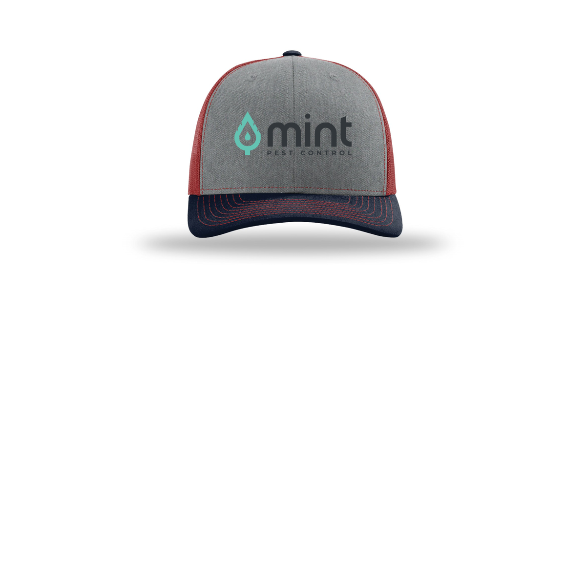 mintpest-richardson-trucker-cap-embroidery-capfront-R112-heathergreycardinalnavy-flat-front