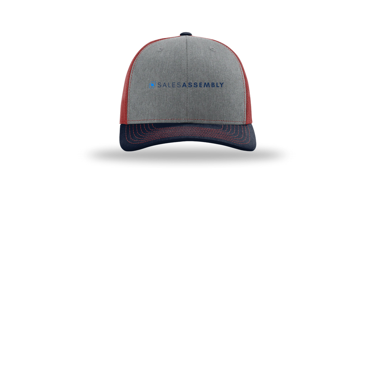 salesassembly-richardson-trucker-cap-embroidery-capfront-R112-heathergreycardinalnavy-flat-front