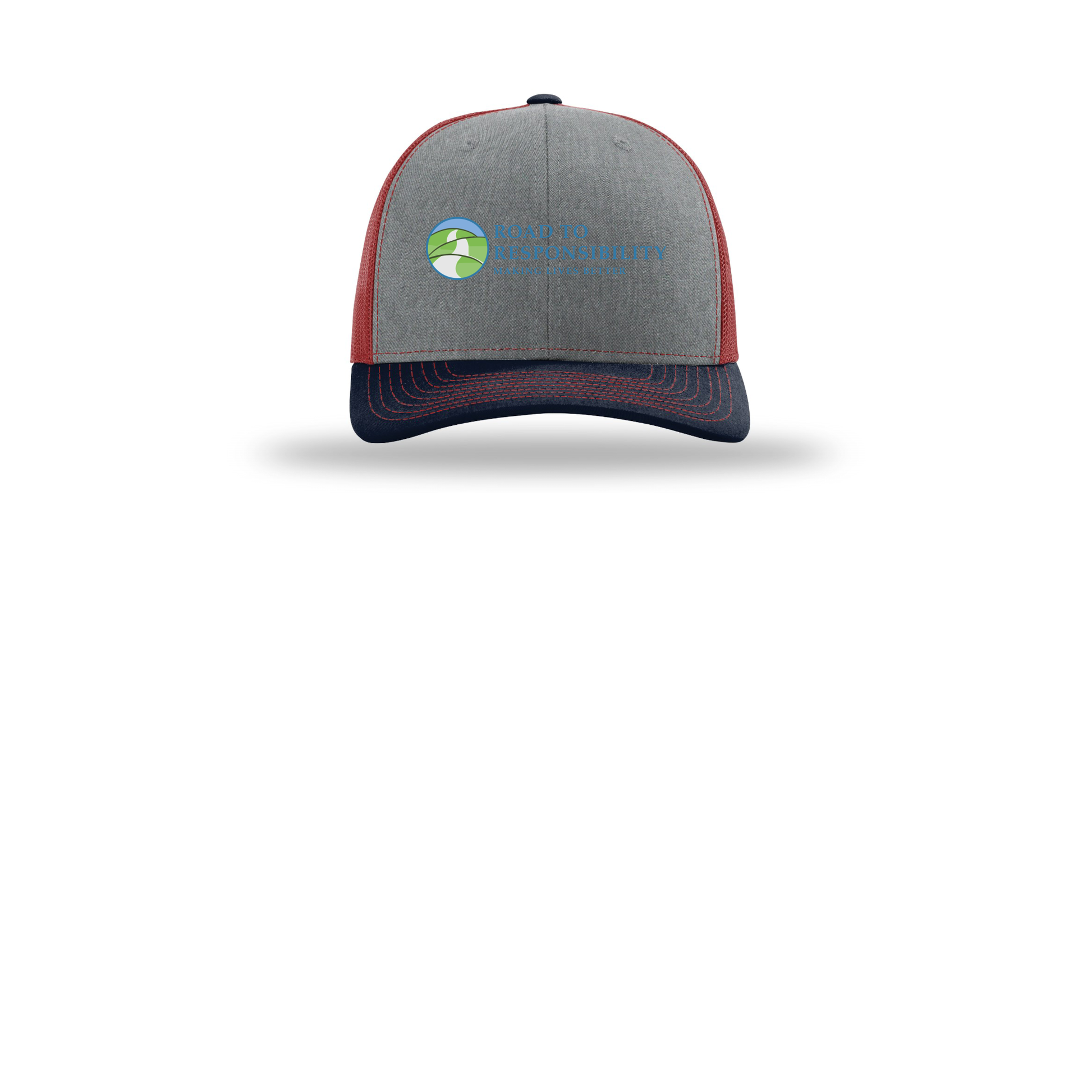 roadtoresponsibility-richardson-trucker-cap-embroidery-capfront-R112-heathergreycardinalnavy-flat-front