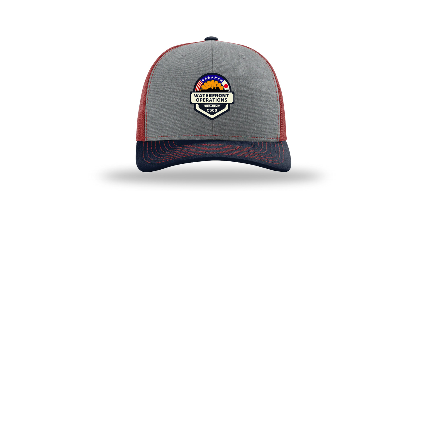waterfront-operations-retro-trucker-cap-embroidery-capfront-R112-heathergreycardinalnavy-flat-front