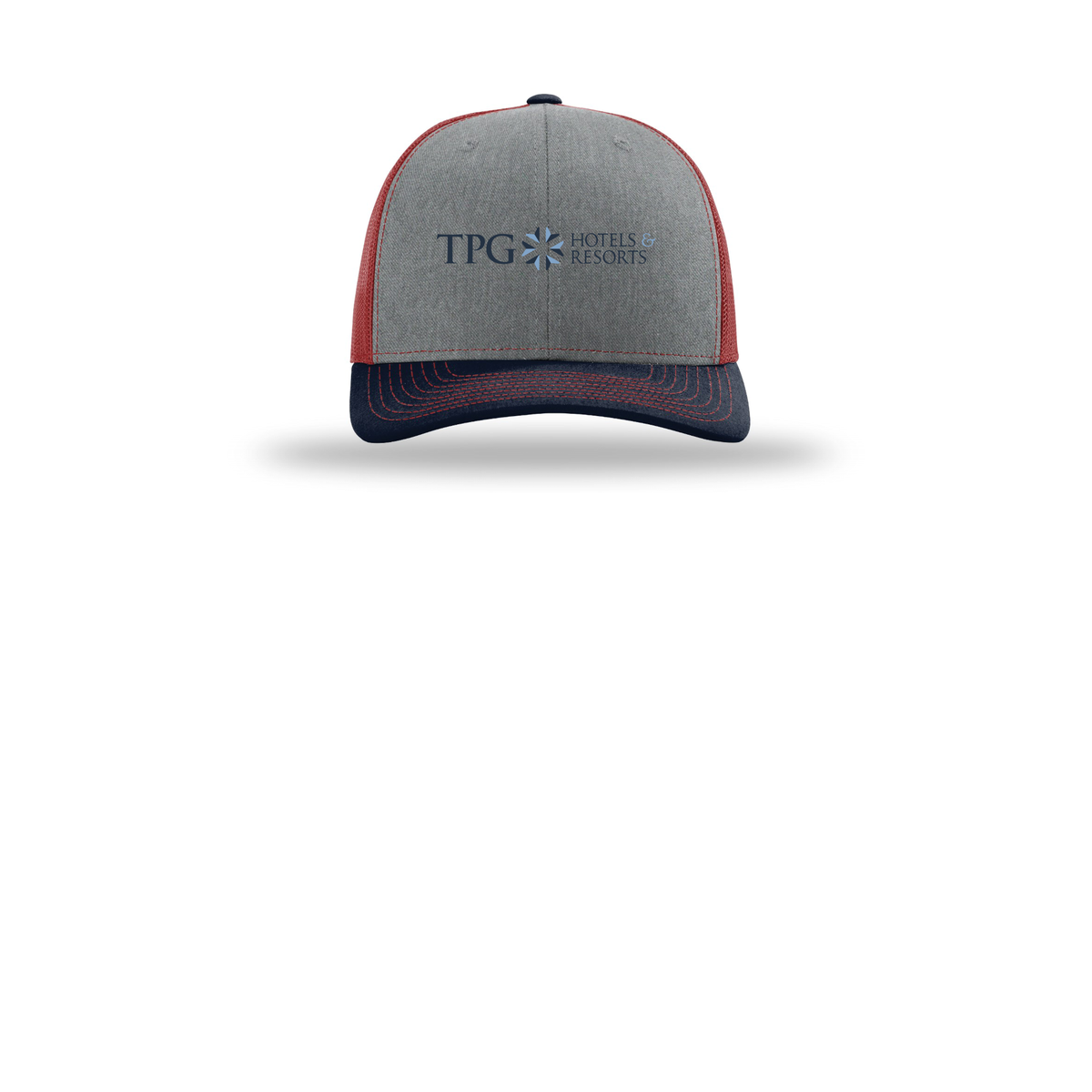 tpghotelsandresorts-richardson-trucker-cap-embroidery-capfront-R112-heathergreycardinalnavy-flat-front