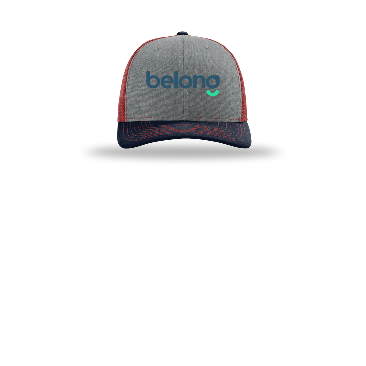 belonghome-richardson-trucker-cap-embroidery-capfront-R112-heathergreycardinalnavy-flat-front