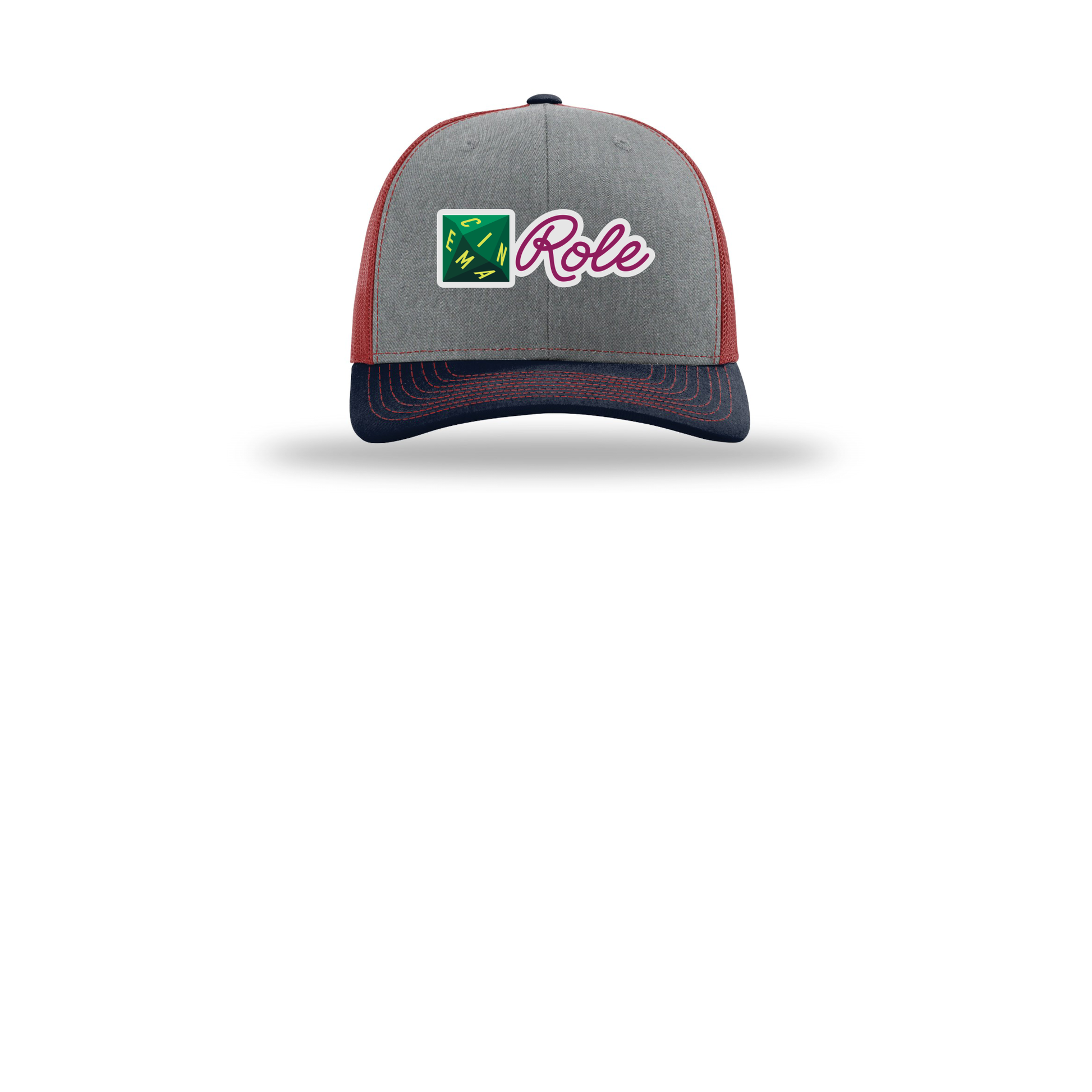 cinemarole-richardson-trucker-cap-embroidery-capfront-R112-heathergreycardinalnavy-flat-front