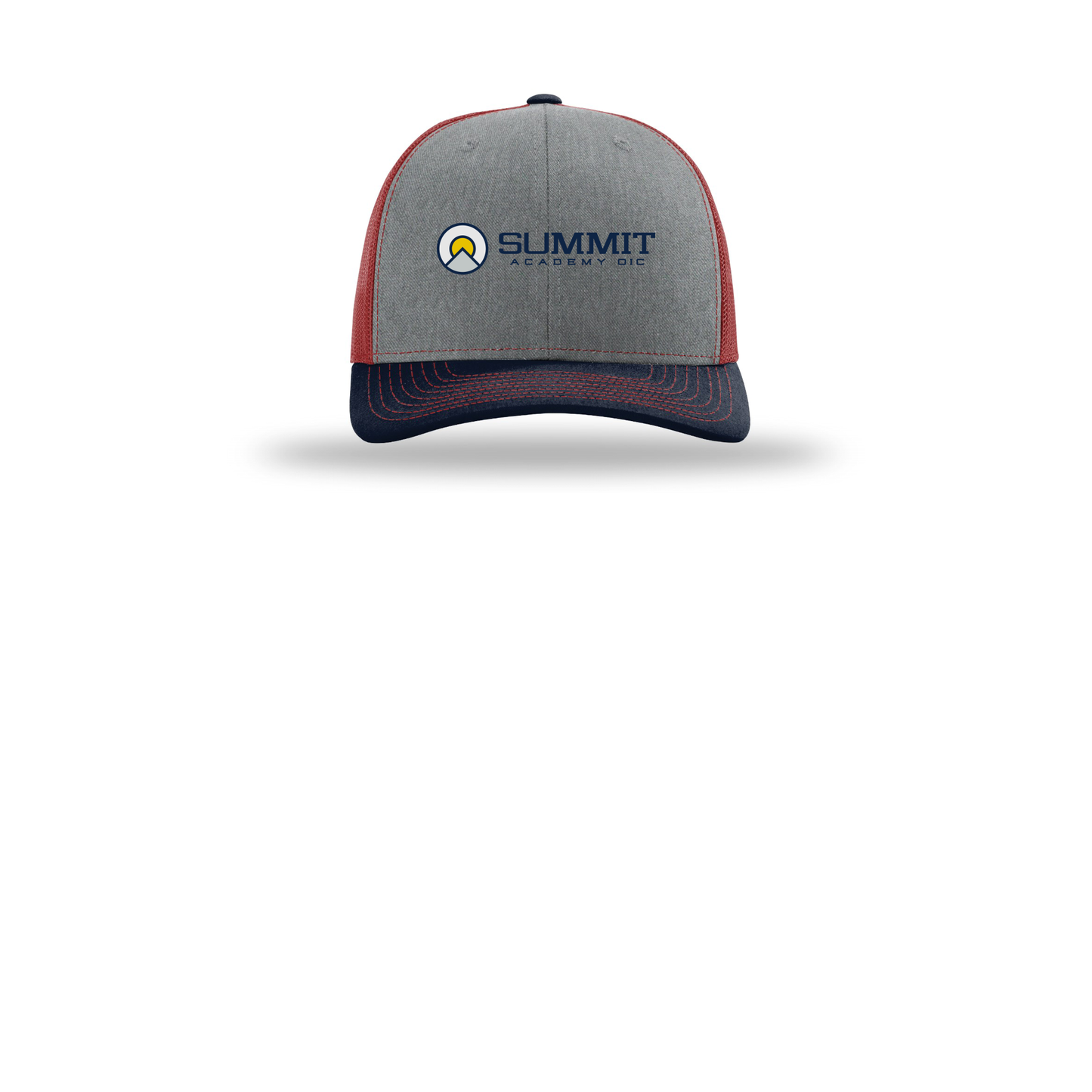 saoic-richardson-trucker-cap-embroidery-capfront-R112-heathergreycardinalnavy-flat-front