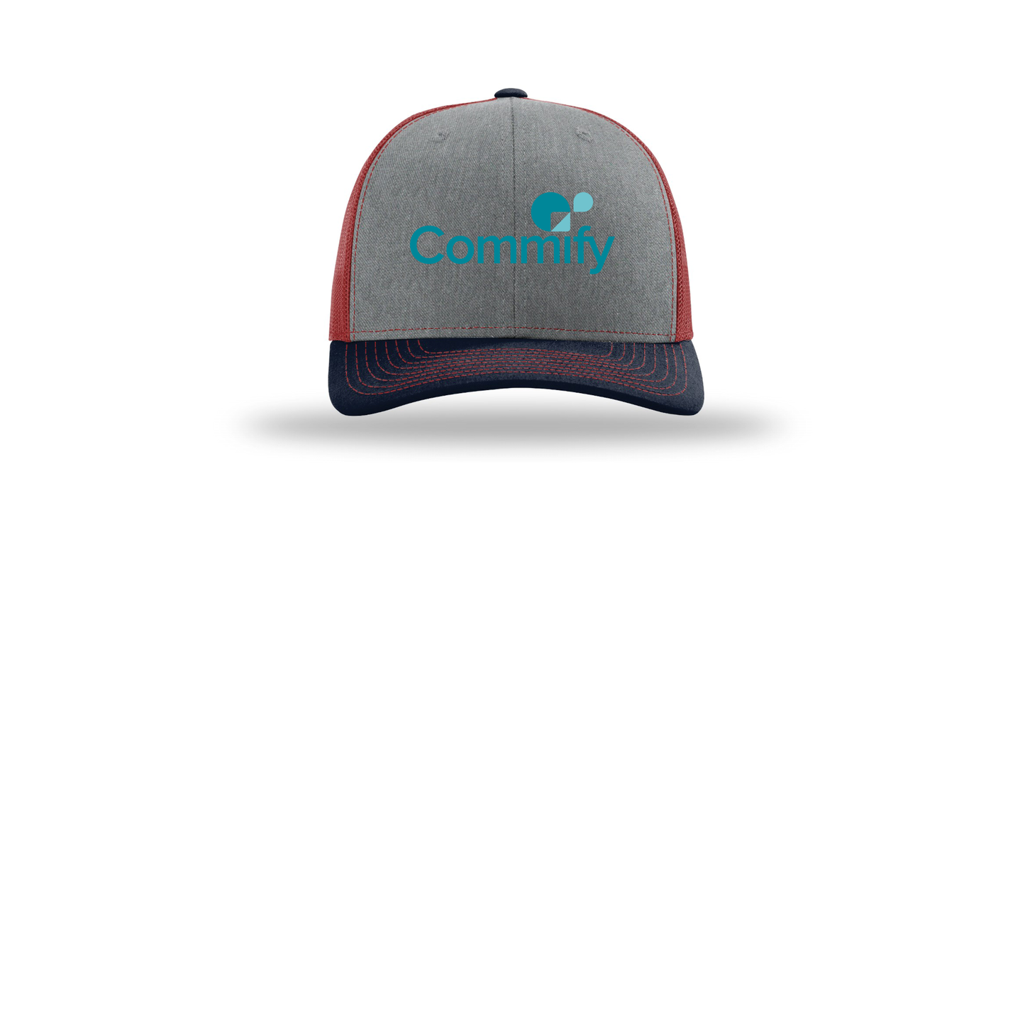 commify-richardson-trucker-cap-embroidery-capfront-R112-heathergreycardinalnavy-flat-front
