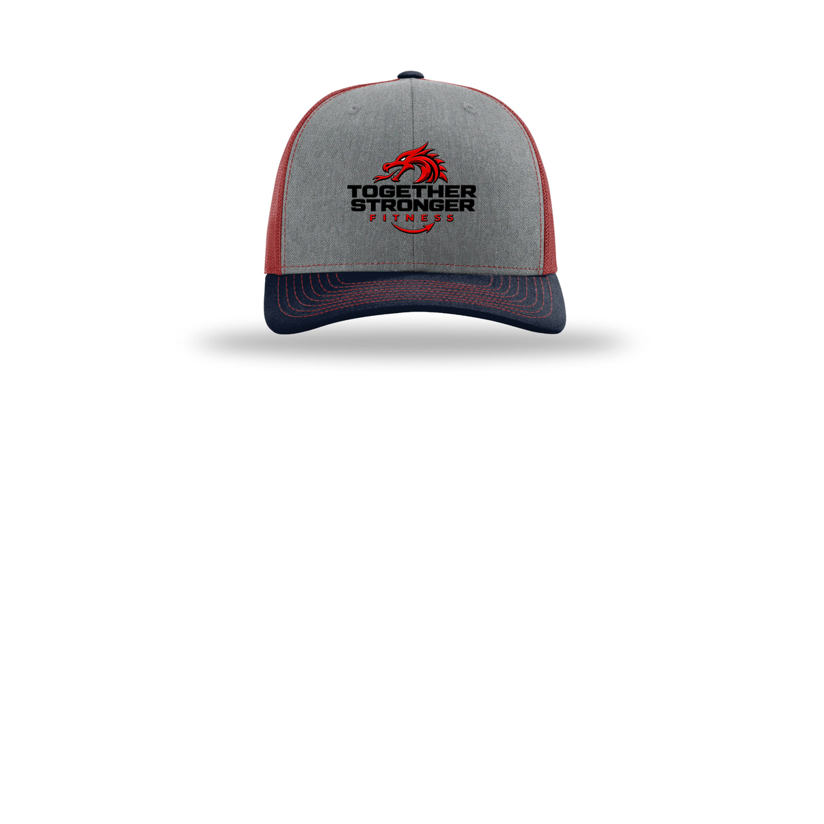 togetherstrongerfitness-richardson-trucker-cap-embroidery-capfront-R112-heathergreycardinalnavy-flat-front