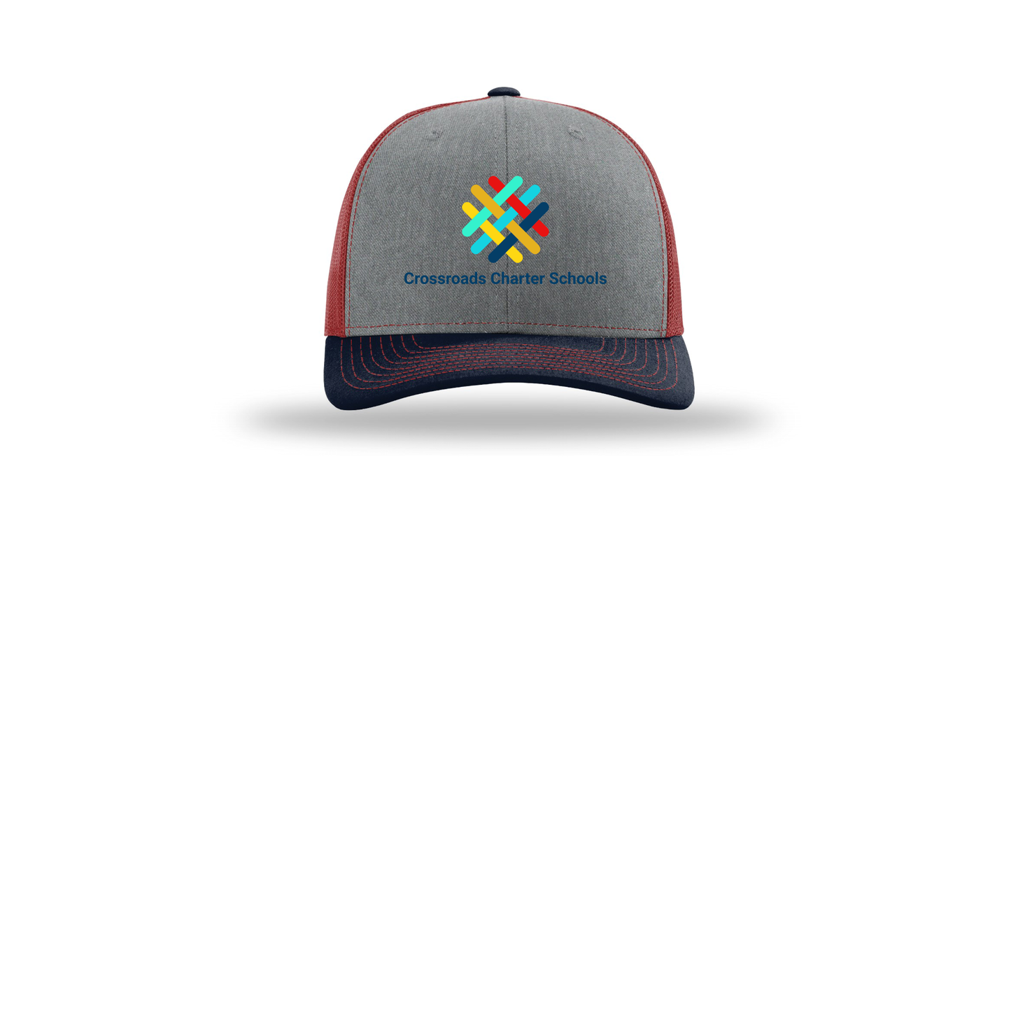 crossroadsschoolskc-richardson-trucker-cap-embroidery-capfront-R112-heathergreycardinalnavy-flat-front